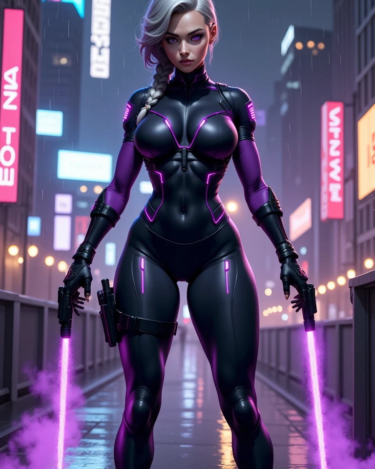 Coldest synthwave anime girl , dark blue hair , blue eyes, war background , detail background, rain , rain detail , light , dark , character detail , assassin girl , military uniform, in the city , hand in double blade , girl in dark military uniform and purple neon light , his smile