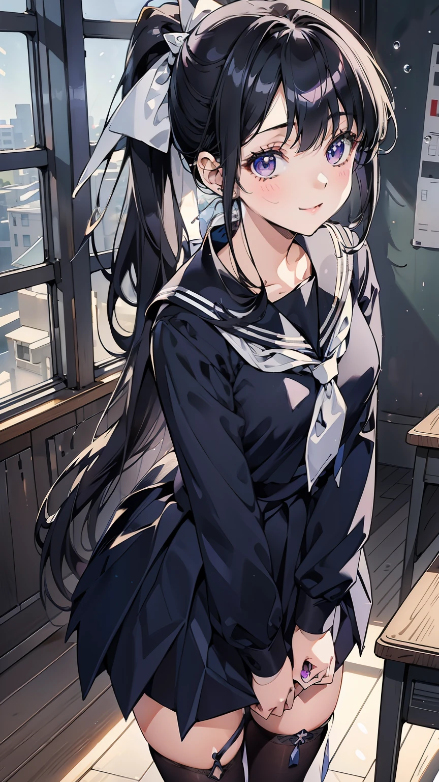 8-head body, (Very detailed CG Unity 8k), (best quality),(very detailed with bubbles),(ultra high definition), black hair, high school girl wearing a navy blue sailor suit, animated 2D rendering, realistic young anime high school girl, smile, purple eyes, small breasts, tall, Slanted Eyes , Classroom View , black stockings, bright color, Destroy。open your mouth slightly, dark blue skirt , ponytail, Tie your hair with a white ribbon,