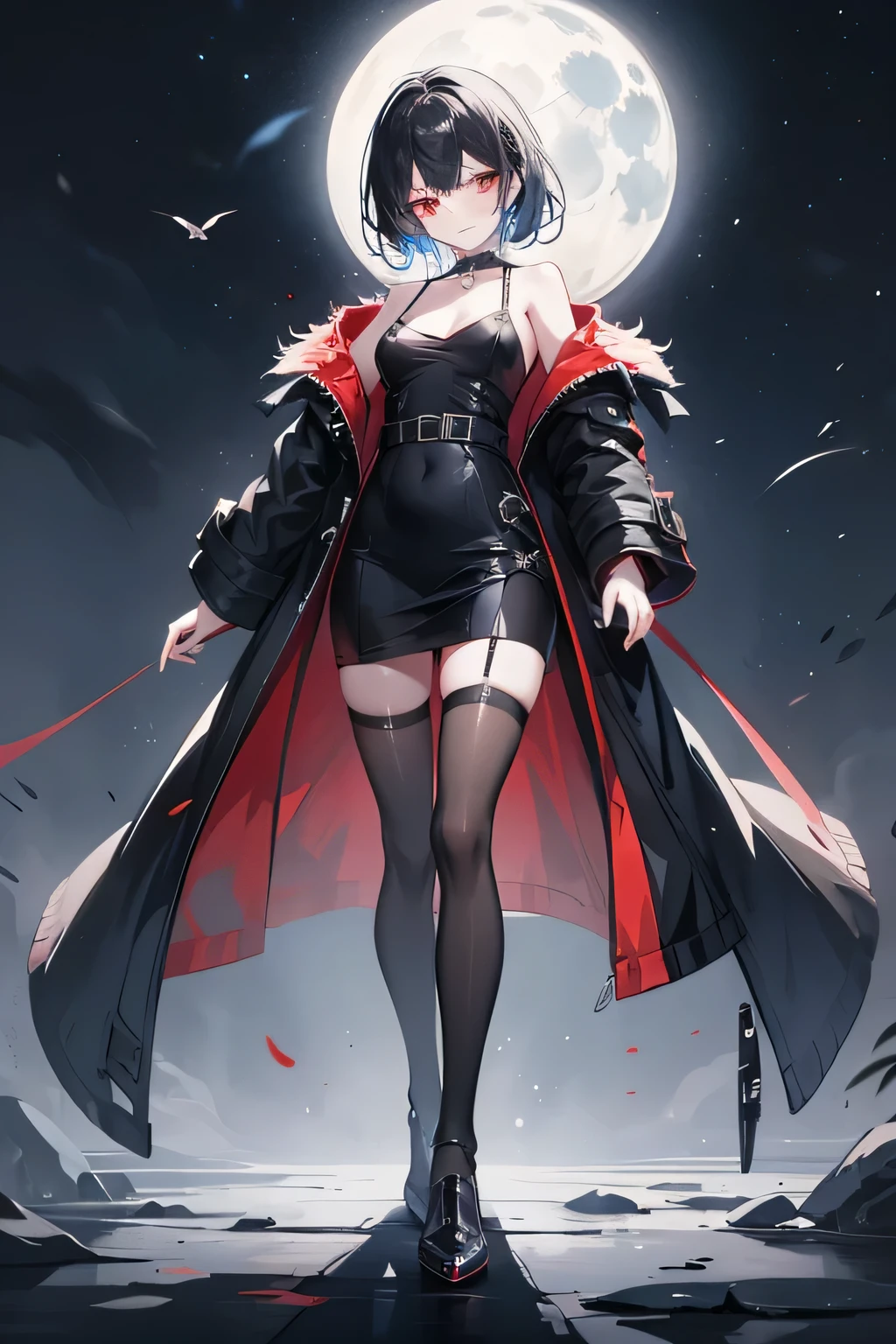 high quality, black hair, blue secret two-tone hair, red eyes, small breasts, slender body, one woman, black stockings, coat without pattern, dark night, Soft moonlight, No extra fingers, choker,
