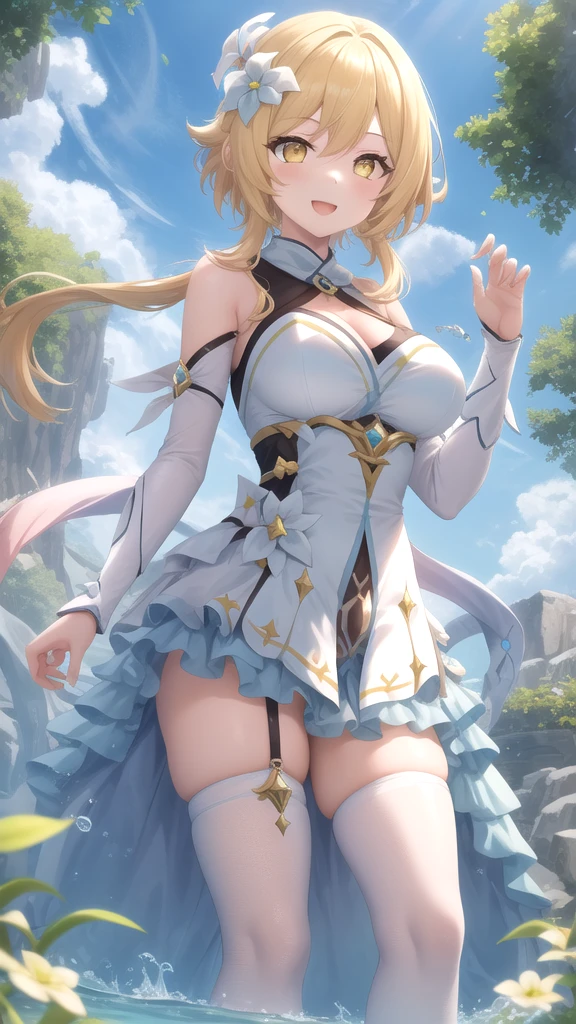 nsfw:1.1,high resolution:1.7, incredibly absurdres, kawaii:1, cute:1.5, hires.fix, anime visual:1, incredibly fine illustration,8k,masterpiece:1.2,best quality, high quality, exquisite, beautiful,insanely detailed,intricate detailed, extremely detailed, Super Definition, ultra high res, Super Resolution, best aesthetic, ultra detailed:1.5, best quality, perfect face, detailed face,stunning art,absurdres,octane render,ultra hires,cute,Beautiful,(Cute and lovely),cute girl,((extremely cute and beautiful blond hair)),serious,smile,A 16 year old daughter becomes an adventurer and battles monsters for the first time.prepare a sword,Deep in the forest, the girl readies herself with both hands on her longsword. gold thighlet,boots,Spirits fly around her like stars, giving the girl power.full body