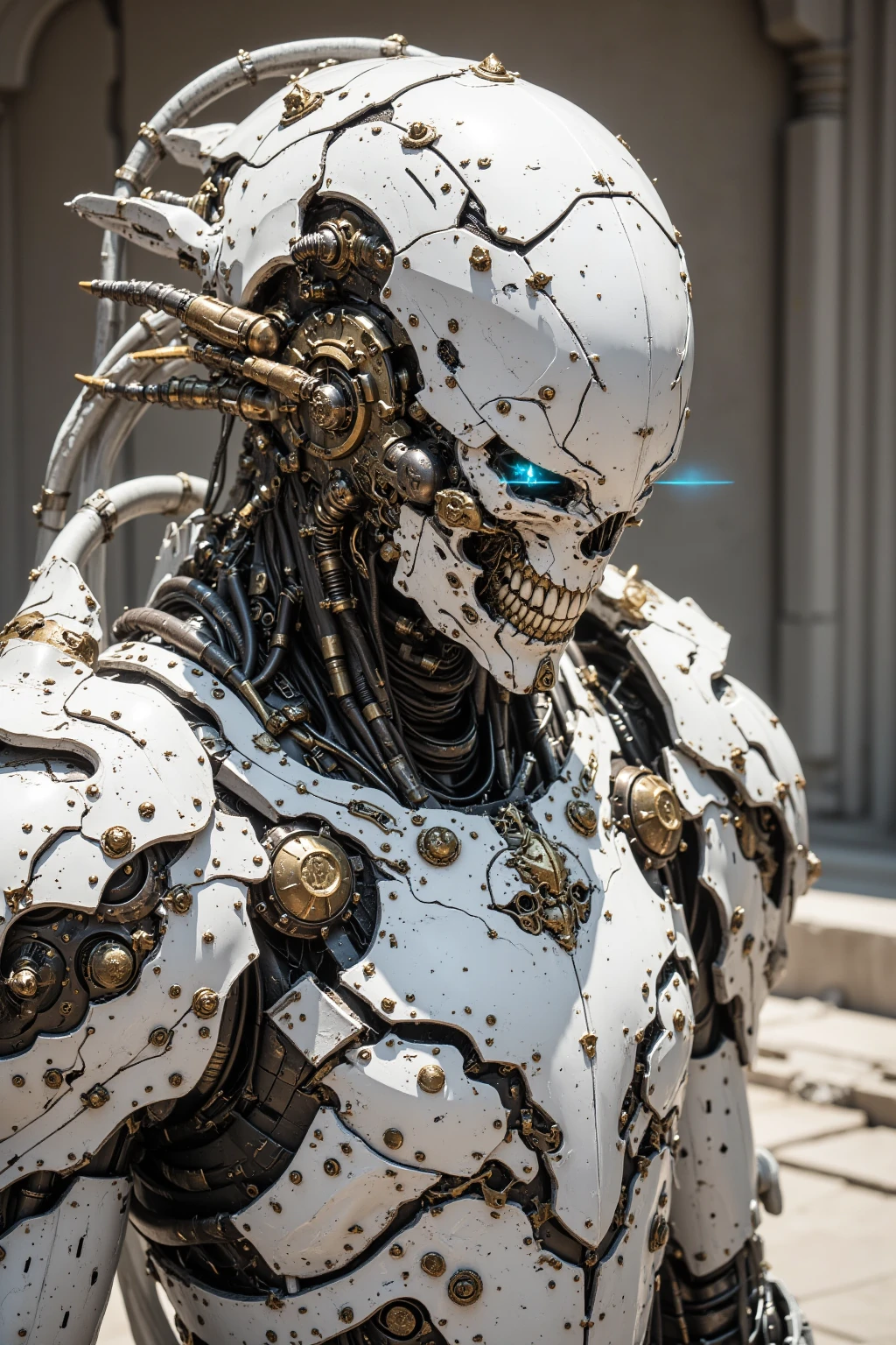 Full-body Film Noir-style rendering of a majestic, ornate Aztec cybernetic titan resembling a warrior from the movie Pacific Rim, con una calavera adornada con un tocado de plumas ardientes, Negro completamente mate y ojos rojos brillantes. Emerge from an active volcano. Renderizado en 3D con Octane, Your skull is integrated with gears and bones, Creation of a futuristic biomechanical body. His highly detailed face is symmetrical and a creative masterpiece by James Jean and Patrick Woodroffe.. He wears a carved and rusted ivory heraldic metal armor., con una mirada oscura y siniestra, Reflejando la obsidiana, jade, engranaje, y un hermoso gradiente. Depth of field creates an ultra-sharp focusing effect. Esta intrincada obra de arte es ganadora del concurso en Behance, y su retrato ha aparecido en Unsplash. Es arte digital estilizado y suave creado por TanvirTamim, in Ultra High Definition, 8K resolution, usando el Unreal Engine 5. Every detail is meticulously crafted, y la pintura mate digital crea un,