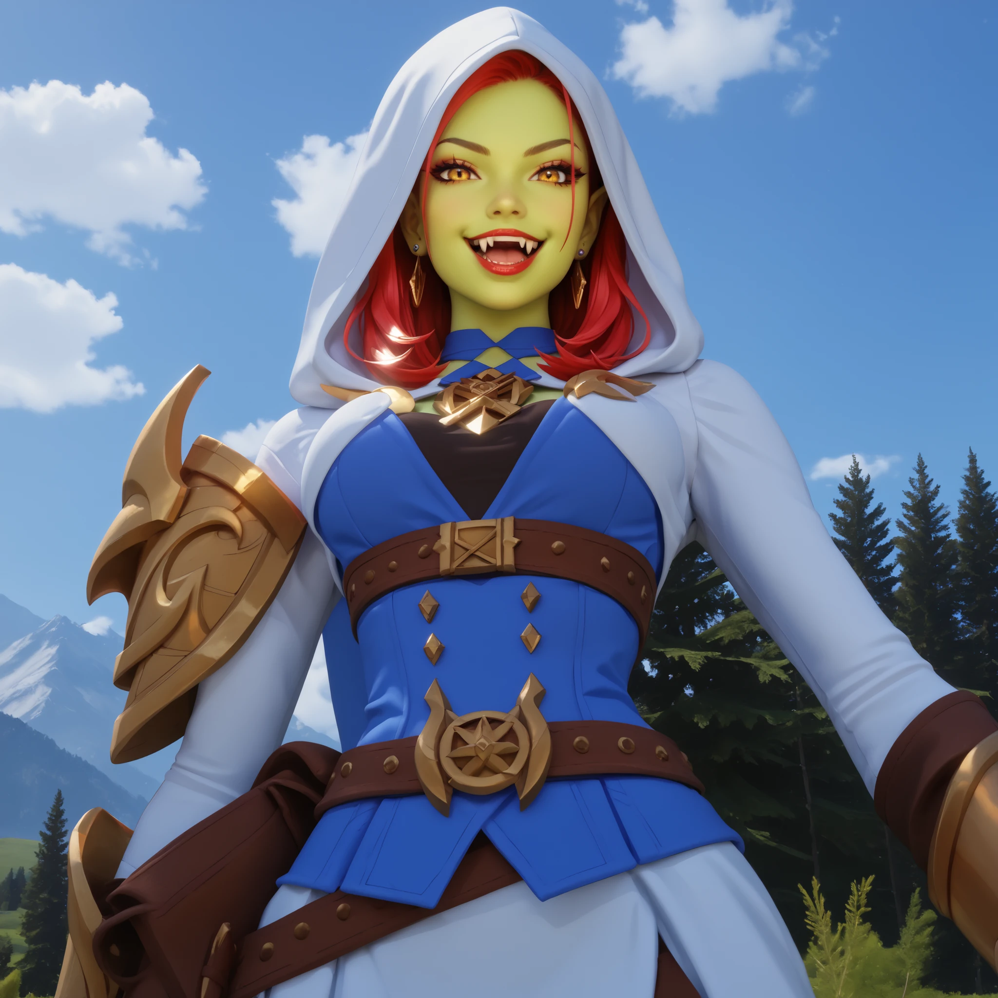 european girl, model, fashion, luxury, wealthy, clean, (young), beautiful, gorgeous, tall, athletic, fantasy outfit, yellow eyes, (green skin:1), orc skin, red hair, gold ornaments, earrings, medium length hair, smug face, confident, open mouth smile, clean fangs, evil, mean, seductive, cocky, red lips, looking at viewer, from below, masterpiece, high resolution, perfection, hood, silk clothes,
