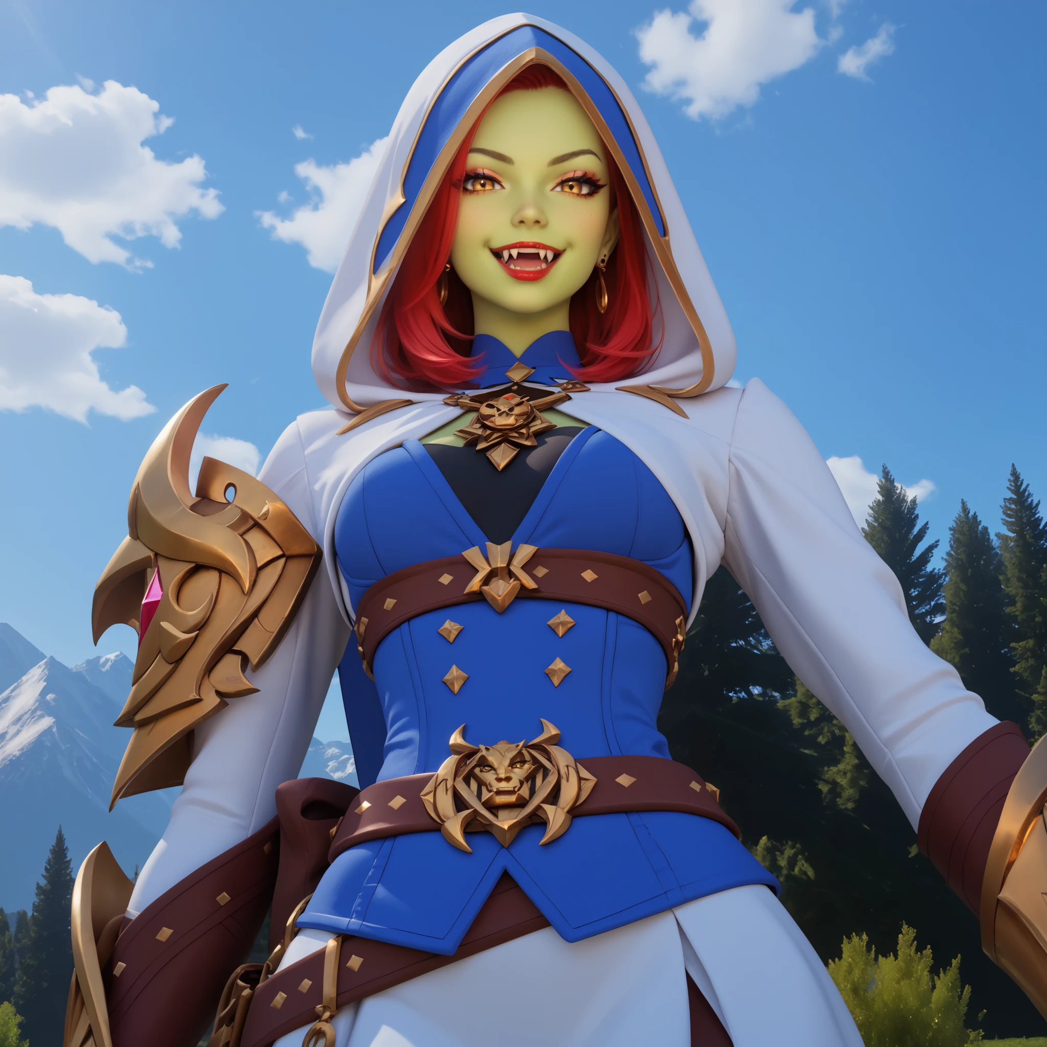 european girl, model, fashion, luxury, wealthy, clean, (young), beautiful, gorgeous, tall, athletic, fantasy outfit, yellow eyes, (green skin:1), orc skin, red hair, gold ornaments, earrings, medium length hair, smug face, confident, open mouth smile, clean fangs, evil, mean, seductive, cocky, red lips, looking at viewer, from below, masterpiece, high resolution, perfection, hood, silk clothes,