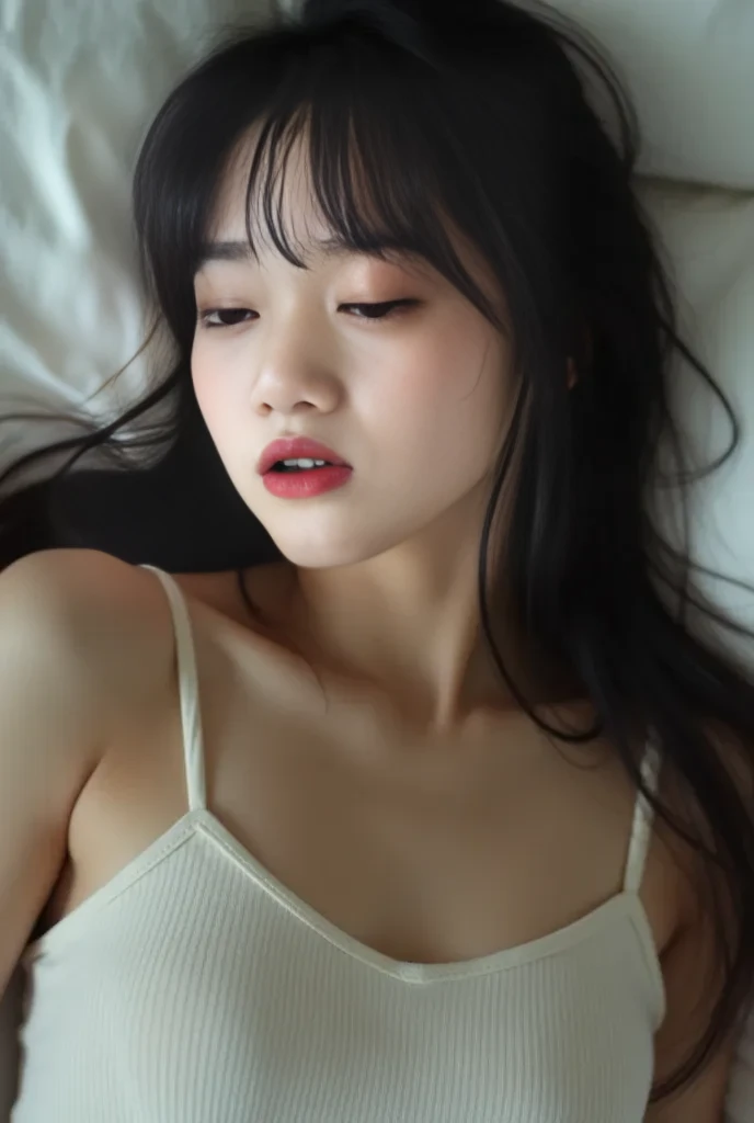 ((a slender girl lying back on a bed, she is 20 years old girl, tiny tits, flat chested, short hair)), (close eyes, open mouth 1:2), beautiful detailed lips, beautiful detailed eyes,ultra-detailed,highres,professional, soft lighting,(ultra realistic japanese girl),looking at viewer,(ultra realistic detailed hair),(moist and shining eyes), from above.