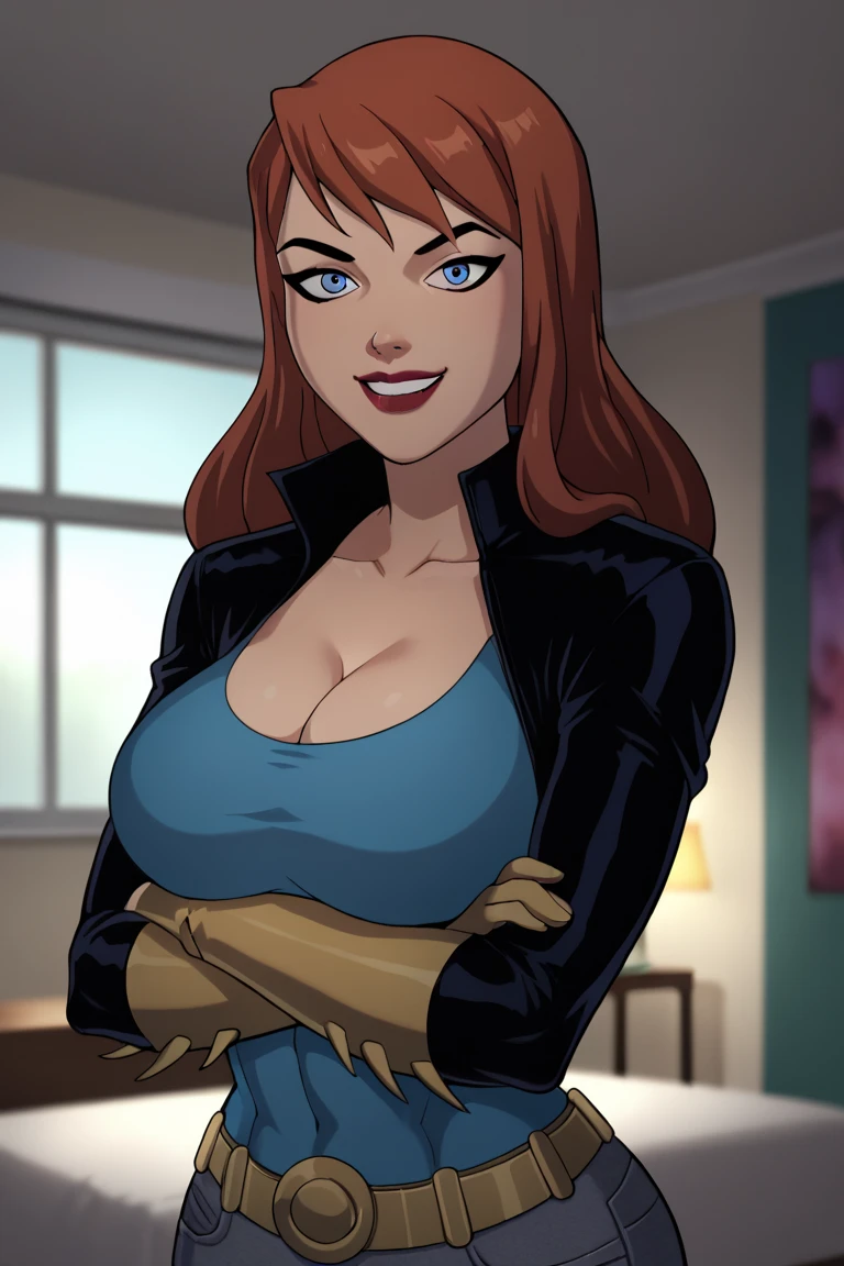 masterpiece, full body, a beautiful 25 year old woman, long red hair, sparkling blue eyes, kissable lips, sweet smile, heavy dark eye makeup, friendly and inviting, fit bombshell body,blue sportswear, enterprise,  , sexy thighs,spunkmouth