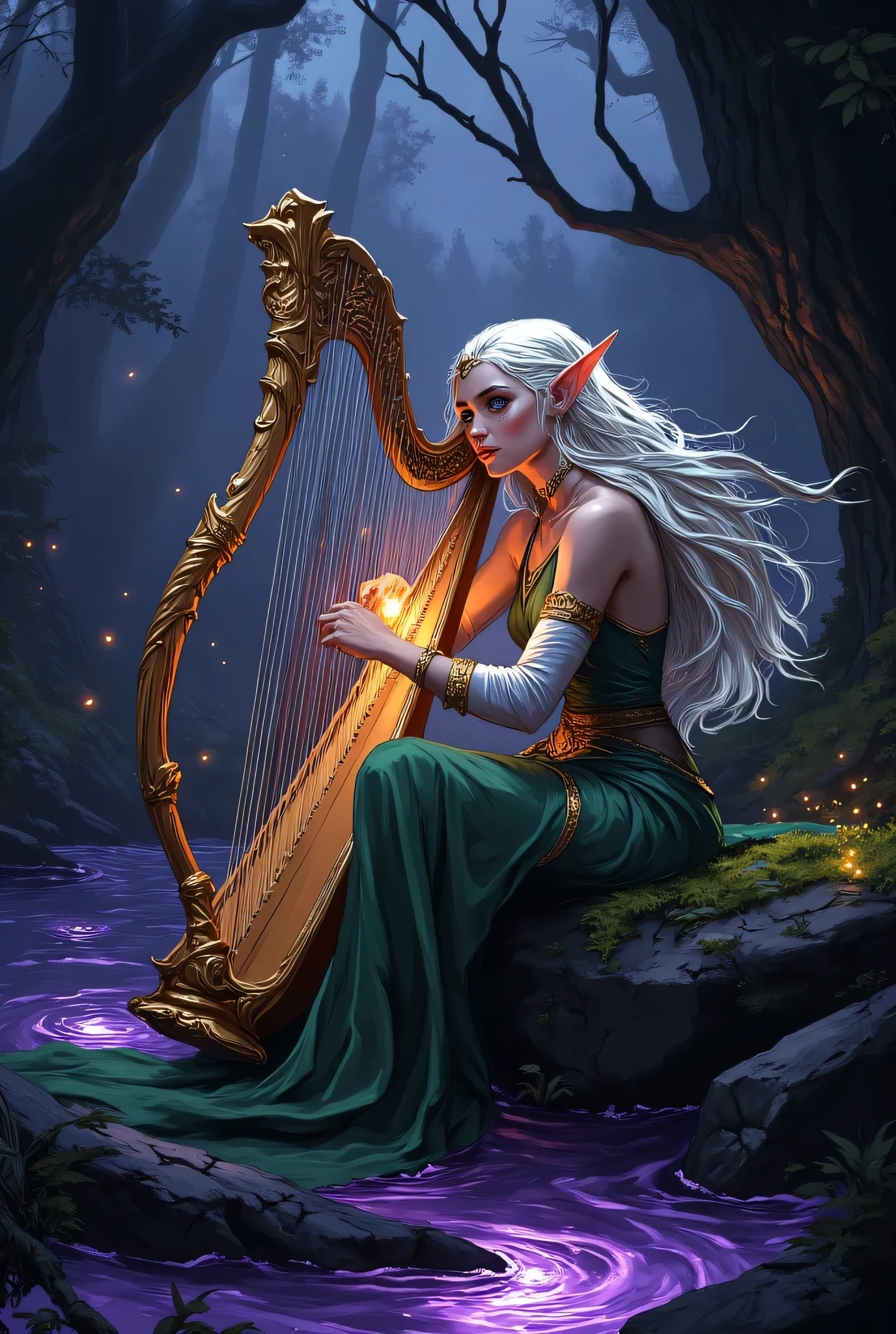 A beautiful elven bard playing a golden harp in an enchanted forest at twilight. Her long silver hair flows gently in the breeze, pointed ears adorned with delicate elven jewelry. She wears a flowing emerald green dress with golden mystical embroidery. She sits beside a magical river with soft purple waters that shimmer like stardust. Each note she plays releases a glowing magical halo that floats into the air, as if the music becomes visible. A soft ethereal aura surrounds her, casting a gentle glow on the moss-covered forest. Fireflies drift in the background, and magical mist lingers between the tall ancient trees. Highly detailed fantasy illustration, cinematic lighting, vibrant colors, serene and mystical atmosphere, concept art style