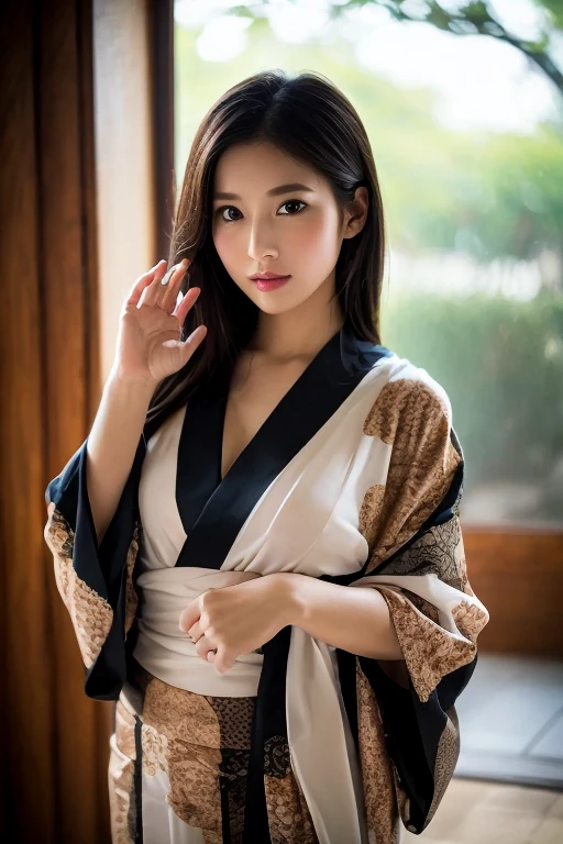 Wear a kimono、Saggy breasts、((Huge breasts :1.0))、black long Hair、(((fair skin)))、 ((Best Quality, 8k, masterpiece :1.3)), Full body、sexy girl with perfect figure :1.4, Slender Abs :1.1、Ultra-detailed face and skin