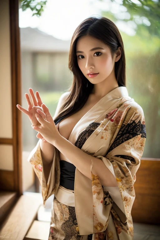 (masterpiece, best quality:1.4), (beautiful, aesthetic, perfect, delicate, intricate:1.2), (cute, adorable), (realistic:1.3), cinematic shot, moody lighting, (1girl, solo), (perfect female form, perfect face, thick lips, glossy lips, parted lips, expressive eyes, eyeliner), (long black straight hair), (huge natural breasts, narrow waists), glossy skin, shiny skin, oiled skin, bare shoulders, sweat, kimono, torn clothes, (posing, very sexy pose, sitting), sweat, japanese temple, (at night:1.4),