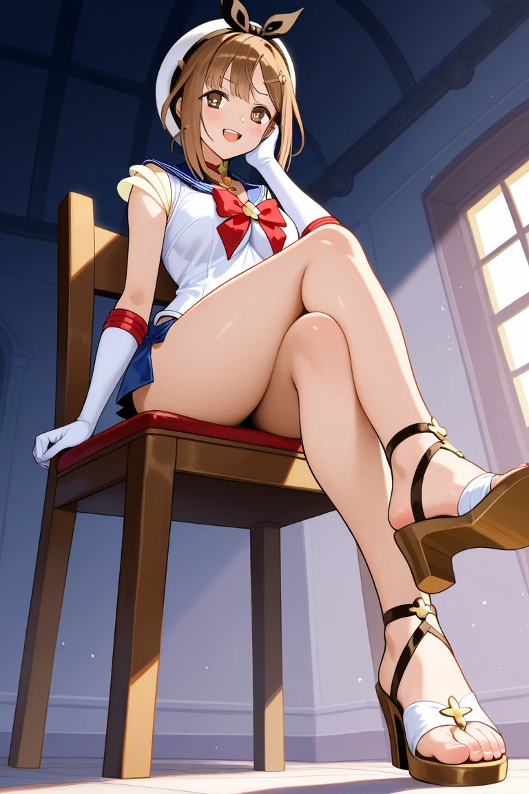 (red ribbon on hairband:1.2),masterpiece, best quality, highres, 1girl, solo, Blonde hair, RED eyes, mole under eye, band uniform, sleeveless, white gloves, knee boots, cowboy shot, hand on hip, smile, open mouth, outdoors ,((((skirt lift)))),((red color panties)),(pointy_panties,from below),
