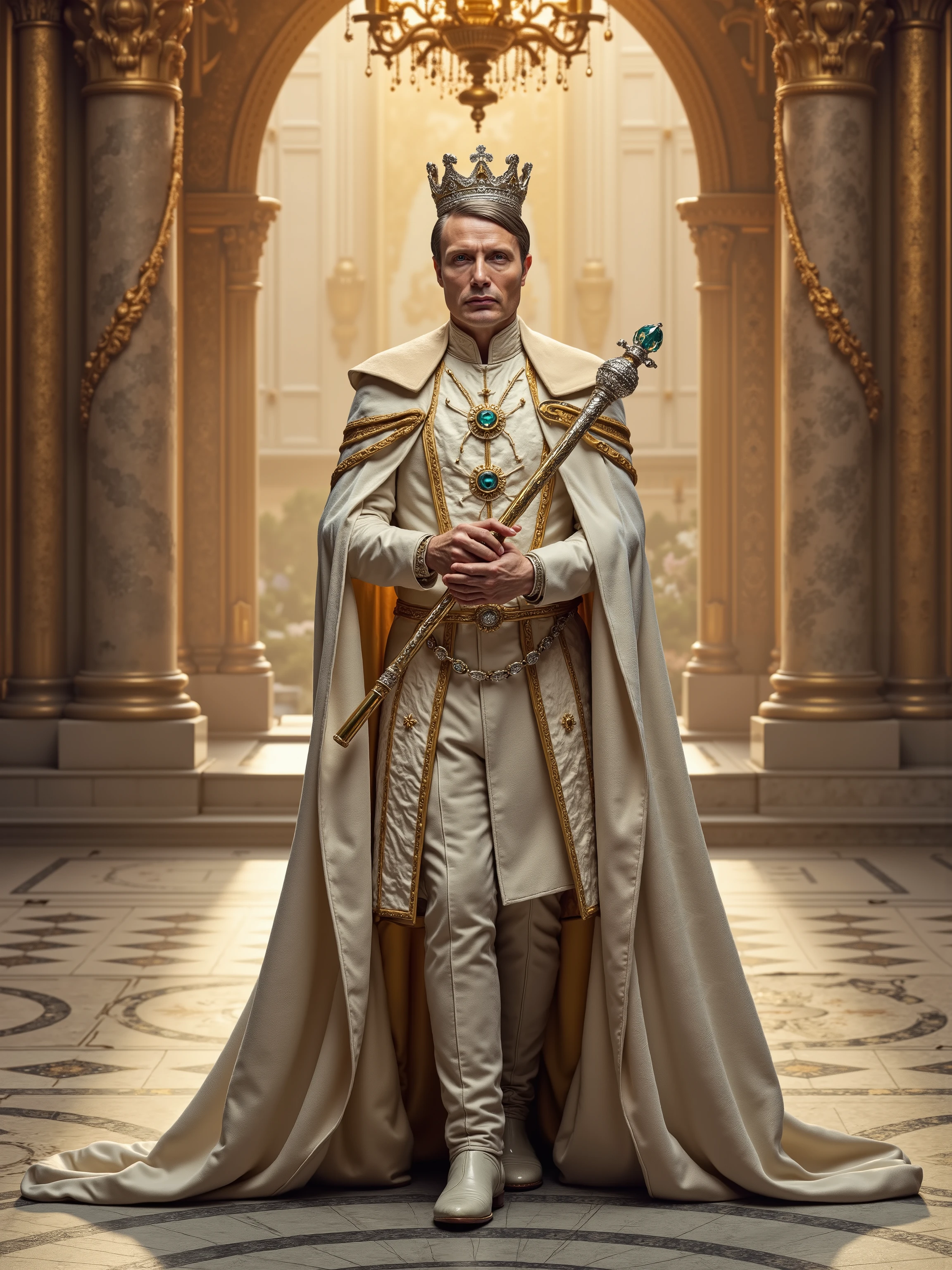 Mads Mikkelsen reimagined as the majestic white king of a chess empire, walking and holding a grand ornate scepter made of silver and gold, crowned with glowing diamonds and sun-shaped engravings, 1 male, full body, regal and powerful, fair skin with warm golden undertones, sharp cheekbones, short swept-back silver-blond hair, piercing ice-blue eyes, Clothing: royal white king’s attire made of richly embroidered silk and velvet in tones of pearl white and radiant gold, decorated with golden thread, filigree embroidery and embedded gemstones, long flowing cape of ivory and gold brocade lined with thick white fur and traced with golden vine motifs, the cape trails behind him across a luminous marble floor, massive golden shoulder clasps set with polished emeralds and sapphires, chestplate adorned with layered gold leaf patterns and radiant sunburst symbols, high leather boots with golden accents and chess insignias, silver gloves detailed with gold trim and ringed with sapphire cuffs, on his head he wears a large and massive white-and-gold crown, shaped like elevated chess spires and radiant sunbursts, richly decorated with diamonds, pearls, and rubies, emanating absolute power, In his hands he is holding a grand ornate scepter made of silver and gold, crowned with glowing diamonds, shows his full figure, athletic body, perfect face, full body, extremely handsome, god, male shape, perfect anatomy, the background showcases an opulent white-and-gold marble throne hall, vast in scale, with tall radiant columns, glowing crystal chandeliers, giant silk banners in white and gold, and a gleaming chessboard floor under his feet, flooded with golden evening light, photorealistic, masterpiece, realistic, high contrast, 8k, HD, high definition, hyper detailed, realistic skin texture, best quality, very detailed eyes, dramatic lighting