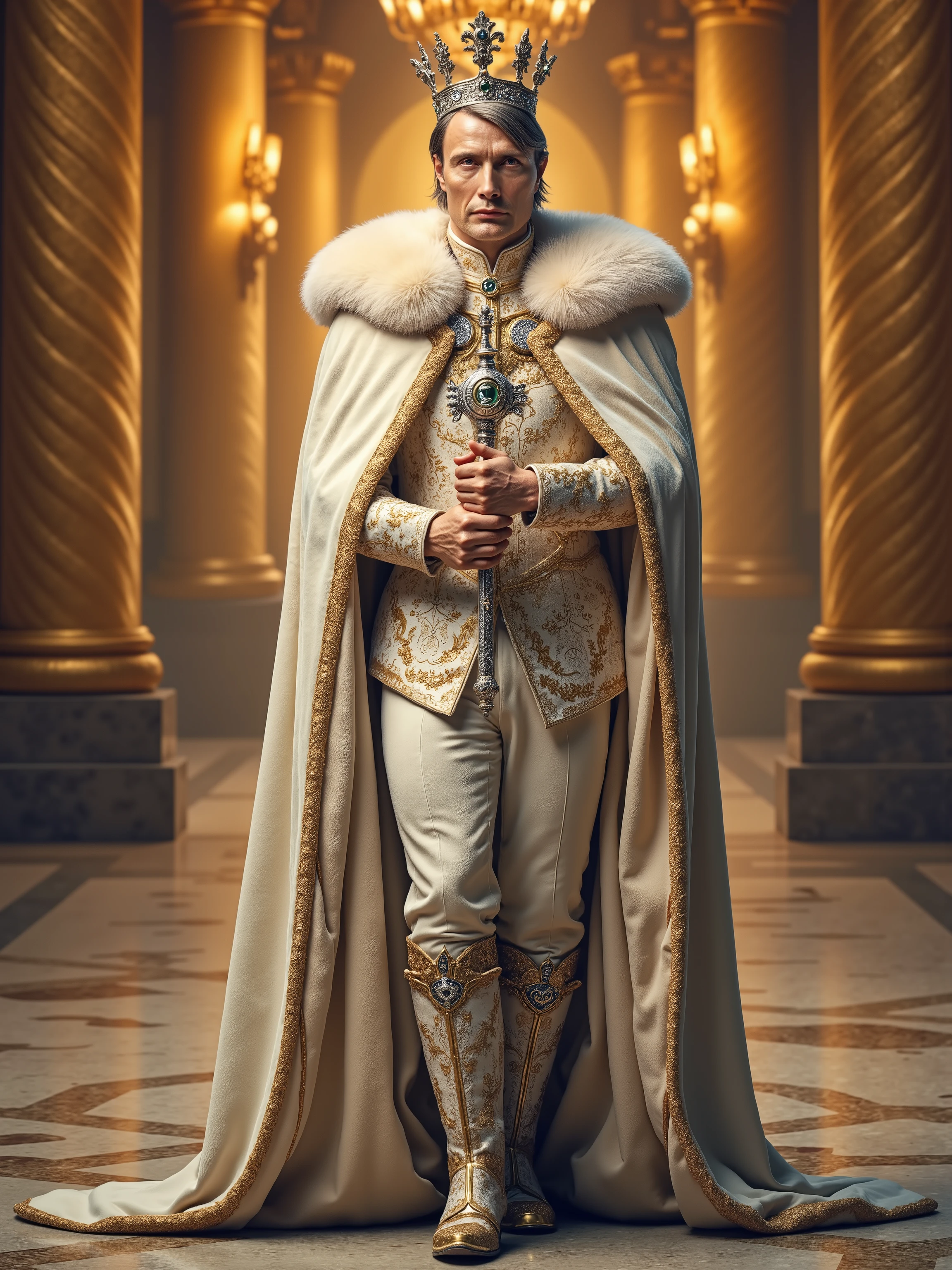 Mads Mikkelsen reimagined as the majestic white king of a chess empire, walking and holding a grand ornate scepter made of silver and gold, crowned with glowing diamonds and sun-shaped engravings, 1 male, full body, regal and powerful, fair skin with warm golden undertones, sharp cheekbones, short swept-back silver-blond hair, piercing ice-blue eyes, Clothing: royal white king’s attire made of richly embroidered silk and velvet in tones of pearl white and radiant gold, decorated with golden thread, filigree embroidery and embedded gemstones, long flowing cape of ivory and gold brocade lined with thick white fur and traced with golden vine motifs, the cape trails behind him across a luminous marble floor, massive golden shoulder clasps set with polished emeralds and sapphires, chestplate adorned with layered gold leaf patterns and radiant sunburst symbols, high leather boots with golden accents and chess insignias, silver gloves detailed with gold trim and ringed with sapphire cuffs, on his head he wears a large and massive white-and-gold crown, shaped like elevated chess spires and radiant sunbursts, richly decorated with diamonds, pearls, and rubies, emanating absolute power, In his hands he is holding a grand ornate scepter made of silver and gold, crowned with glowing diamonds, shows his full figure, athletic body, perfect face, full body, extremely handsome, god, male shape, perfect anatomy, the background showcases an opulent white-and-gold marble throne hall, vast in scale, with tall radiant columns, glowing crystal chandeliers, giant silk banners in white and gold, and a gleaming chessboard floor under his feet, flooded with golden evening light, photorealistic, masterpiece, realistic, high contrast, 8k, HD, high definition, hyper detailed, realistic skin texture, best quality, very detailed eyes, dramatic lighting