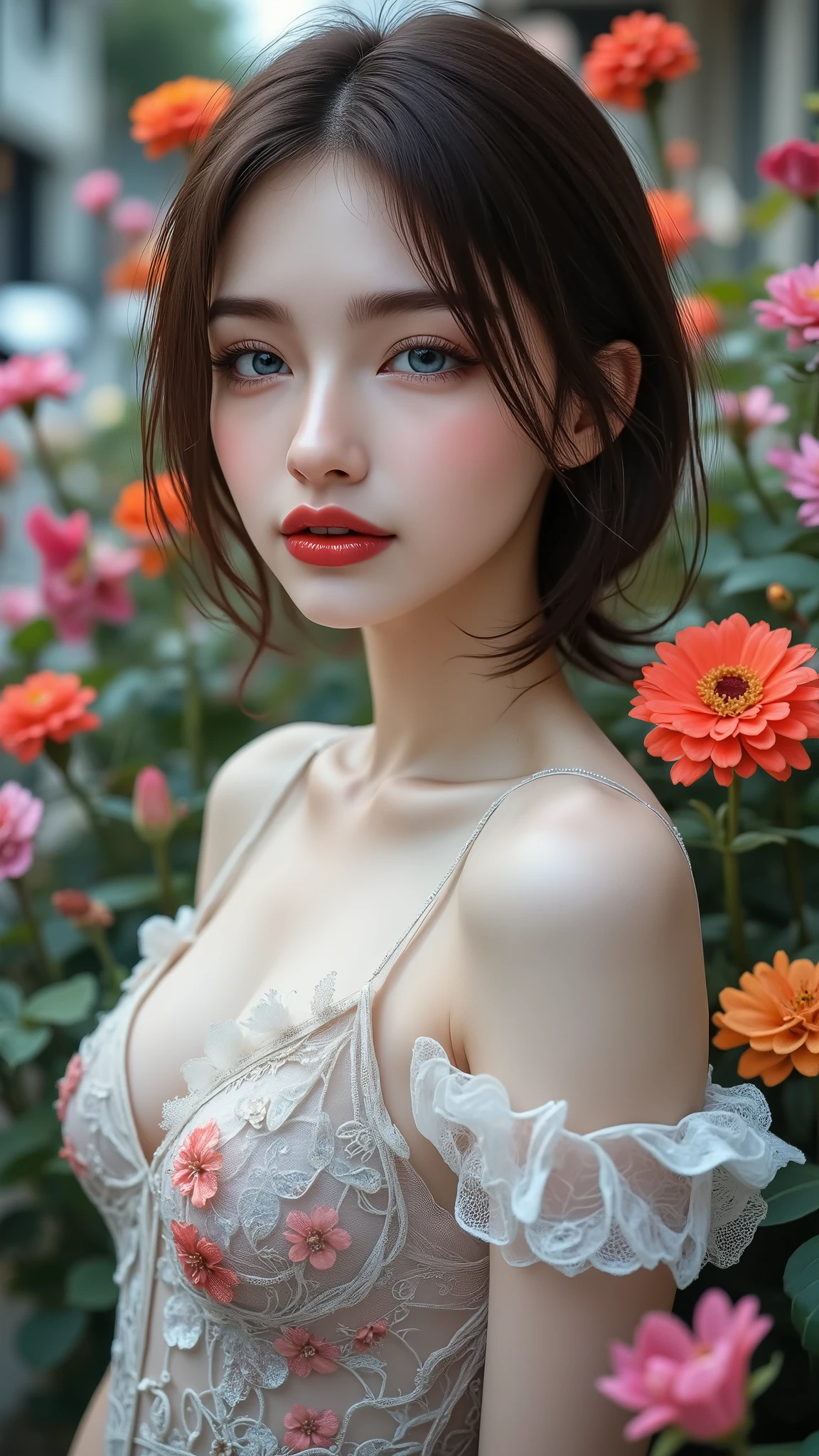 Realistic ((Photorealistic realism)), Hyper high resolution, ((Hyper insanel quality, epice masterciece, intricately detailed digital art)),((focus on extremely Realistic Proportion Body:1.3),"Portrait of {a woman with blue eyes, wearing a dress, standing in a garden}."(ultra realistic texture details: velvety skin, hair), ((sharp focus, no blurry eyes, Hyper absurd quality, Hyper details,Hyper realistic eyes:1.4)),((extra narrow eyebrows)),(Carefully draw Long blue_mascara:1.33),(perfect round eyes), (finely detailed pupils, (extremely fine details pupils)), detailed lips:1.3, (apply glossy red_lipstick:1.3), (perfect proportions:1.2), (White tight Dress made of lace fishnet), (Dolce & Gabbana, Floral style:1.26), (elegant fashion, intricate details:1.23), floral couture, (clothes made of silk and flower), (Wearing tight fitting dresses)), (black latex:1.25), latex bodysuit laced), (Intricately details multi-layer (Ruffled Black Gothic Punk Skirt), lace with fishnets:1.3), (white lace-up:1.3), dslr, high quality split lighting, sharp focus captured by Fujifilm XT3, f 5.6,(perfect composition),((look at the viewer)), HDR, UHD, studio lighting, physically-based rendering, vivid colors,