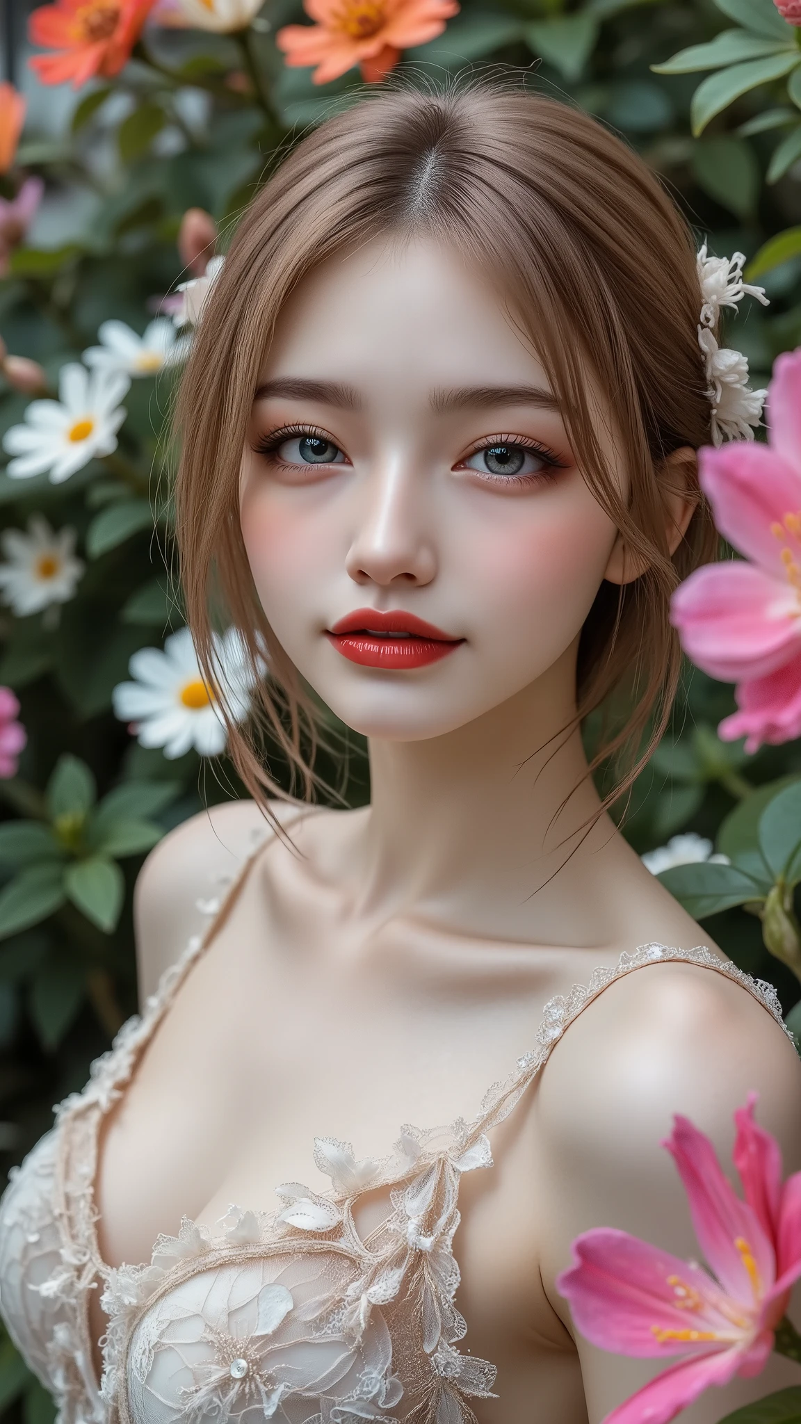 Realistic ((Photorealistic realism)), Hyper high resolution, ((Hyper insanel quality, epice masterciece, intricately detailed digital art)),((focus on extremely Realistic Proportion Body:1.3),"Portrait of {a woman with blue eyes, wearing a dress, standing in a garden}."(ultra realistic texture details: velvety skin, hair), ((sharp focus, no blurry eyes, Hyper absurd quality, Hyper details,Hyper realistic eyes:1.4)),((extra narrow eyebrows)),(Carefully draw Long blue_mascara:1.33),(perfect round eyes), (finely detailed pupils, (extremely fine details pupils)), detailed lips:1.3, (apply glossy red_lipstick:1.3), (perfect proportions:1.2), (White tight Dress made of lace fishnet), (Dolce & Gabbana, Floral style:1.26), (elegant fashion, intricate details:1.23), floral couture, (clothes made of silk and flower), (Wearing tight fitting dresses)), (black latex:1.25), latex bodysuit laced), (Intricately details multi-layer (Ruffled Black Gothic Punk Skirt), lace with fishnets:1.3), (white lace-up:1.3), dslr, high quality split lighting, sharp focus captured by Fujifilm XT3, f 5.6,(perfect composition),((look at the viewer)), HDR, UHD, studio lighting, physically-based rendering, vivid colors,