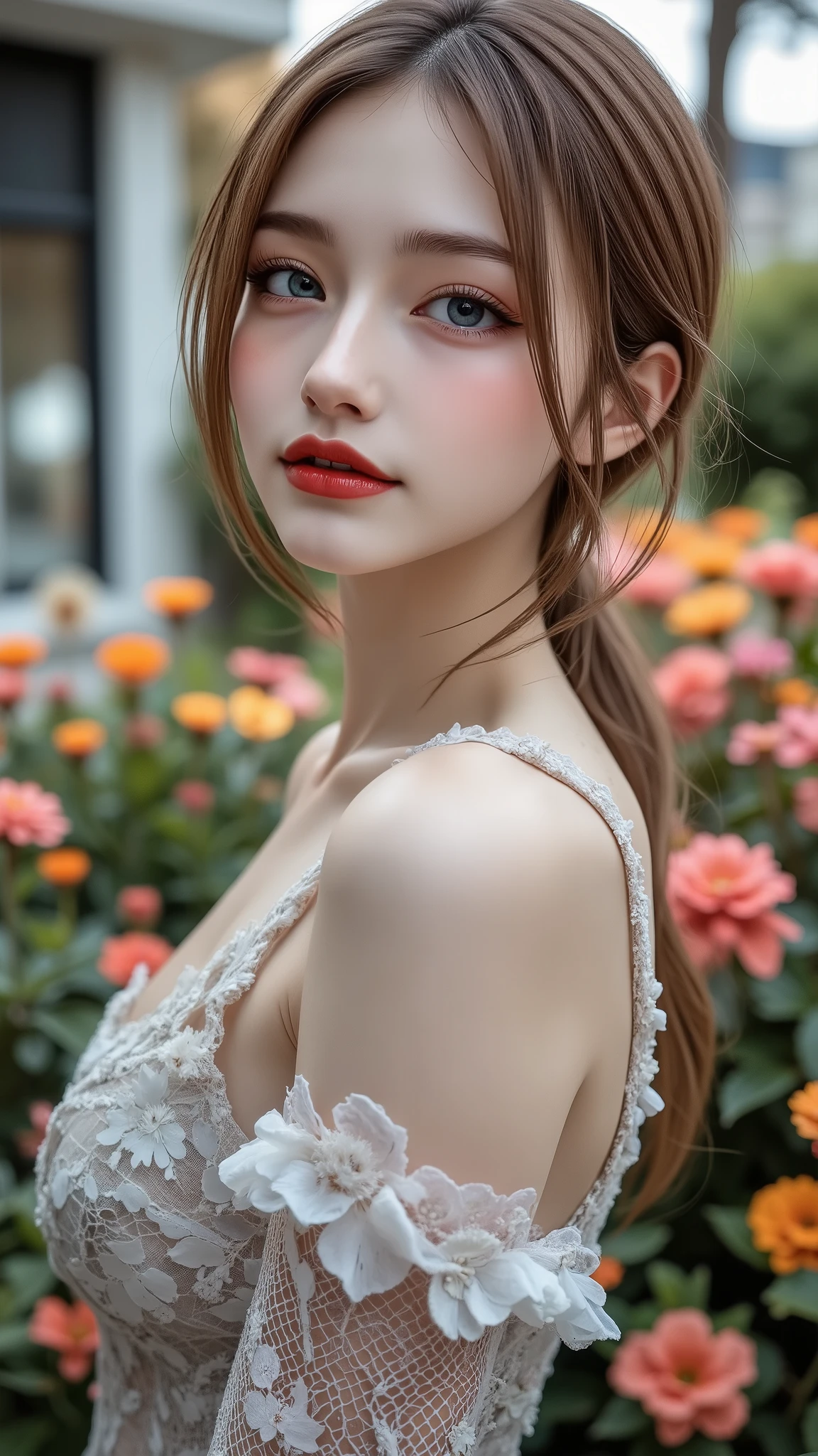 Realistic ((Photorealistic realism)), Hyper high resolution, ((Hyper insanel quality, epice masterciece, intricately detailed digital art)),((focus on extremely Realistic Proportion Body:1.3),"Portrait of {a woman with blue eyes, wearing a dress, standing in a garden}."(ultra realistic texture details: velvety skin, hair), ((sharp focus, no blurry eyes, Hyper absurd quality, Hyper details,Hyper realistic eyes:1.4)),((extra narrow eyebrows)),(Carefully draw Long blue_mascara:1.33),(perfect round eyes), (finely detailed pupils, (extremely fine details pupils)), detailed lips:1.3, (apply glossy red_lipstick:1.3), (perfect proportions:1.2), (White tight Dress made of lace fishnet), (Dolce & Gabbana, Floral style:1.26), (elegant fashion, intricate details:1.23), floral couture, (clothes made of silk and flower), (Wearing tight fitting dresses)), (black latex:1.25), latex laced), (Intricately details multi-layer (Ruffled Black Gothic Punk Skirt), lace with fishnets:1.3), (white lace-up:1.3), dslr, high quality split lighting, sharp focus captured by Fujifilm XT3, f 5.6,(perfect composition),((look at the viewer)), HDR, UHD, studio lighting, physically-based rendering, vivid colors,