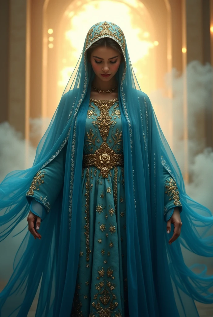celestial and charming and beautiful and elegant Hazrat cinderella( نبي الله سندريلا صلى الله عليها وآله وسلم) 1990 live - action movie first look, grainy, vhs filter, wearing glittery tulle cape and glittery tulle cloak as ancient and enigmatic muslim prophetess with irresistible holy aura, invites the wretched and beggers to islam and monothemism and allah, her jewelries and dress sparkles intensely shiny 