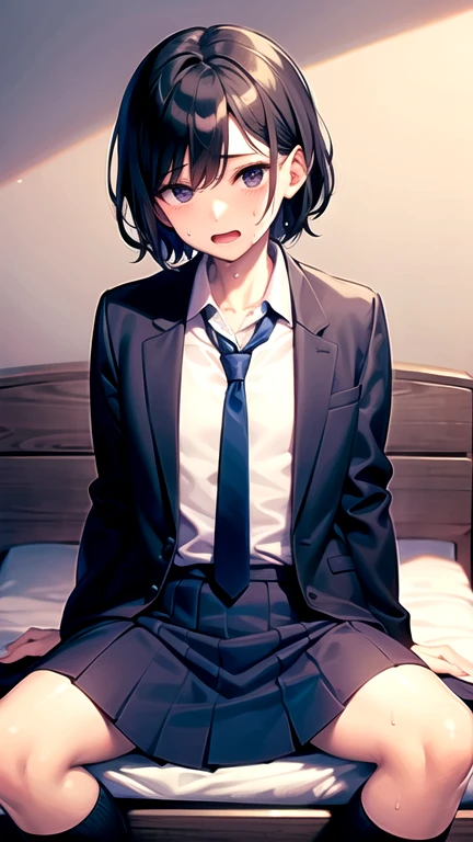 Woman with dark ash messy hair. Eyes with hazel color. Wolfcut hairstyle. Face without expression It's like just waking up.. Sitting on the bed. Wearing a jacket