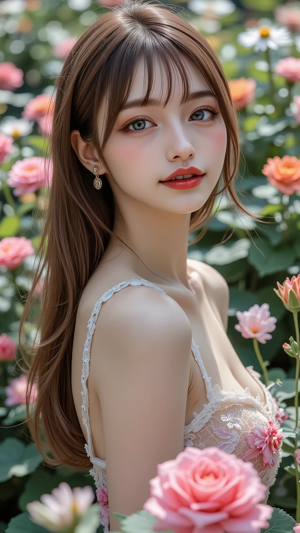 Realistic ((Photorealistic realism)), Hyper high resolution, ((Hyper insanel quality, epice masterciece, intricately detailed digital art)),((focus on extremely Realistic Proportion Body:1.3),"Portrait of {a woman with blue eyes, wearing a dress, standing in a garden}."(ultra realistic texture details: velvety skin, hair), ((sharp focus, no blurry eyes, Hyper absurd quality, Hyper details,Hyper realistic eyes:1.4)),((extra narrow eyebrows)),(Carefully draw Long blue_mascara:1.33),(perfect round eyes), (finely detailed pupils, (extremely fine details pupils)), detailed lips:1.3, (apply glossy red_lipstick:1.3), (perfect proportions:1.2), (White tight Dress made of lace fishnet), (Dolce & Gabbana, Floral style:1.26), (elegant fashion, intricate details:1.23), floral couture, (clothes made of silk and flower), (Wearing tight fitting dresses)), (black latex:1.25), latex bodysuit laced), (Intricately details multi-layer (Ruffled Black Gothic Punk Skirt), lace with fishnets:1.3), (white lace-up:1.3), dslr, high quality split lighting, sharp focus captured by Fujifilm XT3, f 5.6,(perfect composition),((look at the viewer)), HDR, UHD, studio lighting, physically-based rendering, vivid colors,