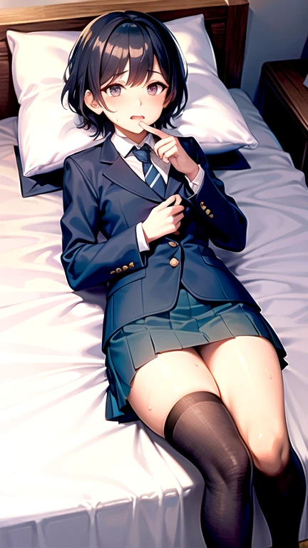 Toru Asakura、Japanese girl with slim body、独奏、Full body portrait from head to toe、small tits、light brown long hair、Red face、Embarrassed look、Composition from the front、Composition from slightly below、Blazer High School Uniform、black tights、black pantyhose、Black Knee High Socks、white panties、without shoes、M-shaped legs are spread、Pose with hands hidden behind your back、sit on a bed、Open legs、The groin area is visible、hi-school girl、bedroom、inside in room、during daytime