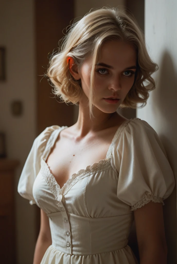 FlorencePugh,Parisienne dress,feminine pose,well-lit wooden structure,abandoned Wild West ghost town,late afternoon,colorful red orange yellow light,very emotional camera angle,medium format camera,in the style of (Life Magazine),