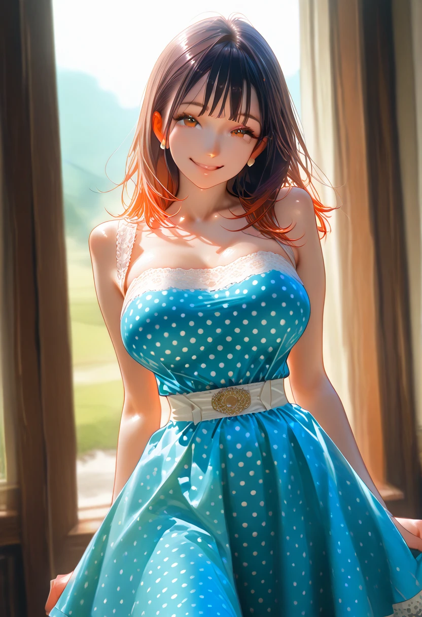 Classic 60’s pinup girl, stunning face, smiling, half body shot, polka dot dress, cleavage, J Scott Campbell style, 8k, ultra sharp, sleeveless, bare legs, huge breasts