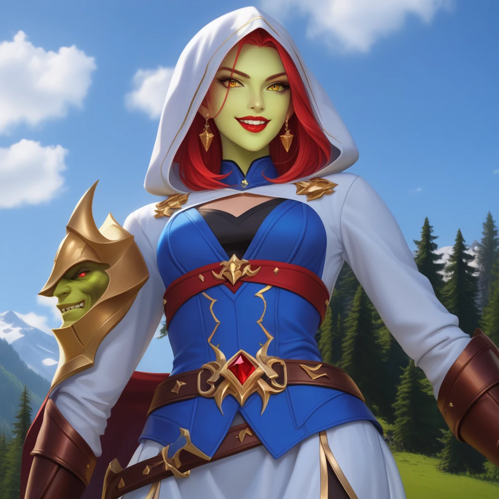 european girl, model, fashion, luxury, wealthy, clean, (young), beautiful, gorgeous, tall, athletic, fantasy outfit, yellow eyes, (green skin:1), orc skin, red hair, gold ornaments, earrings, medium length hair, smug face, confident, open mouth smile, clean fangs, evil, mean, seductive, cocky, red lips, looking at viewer, from below, masterpiece, high resolution, perfection, hood, silk clothes,