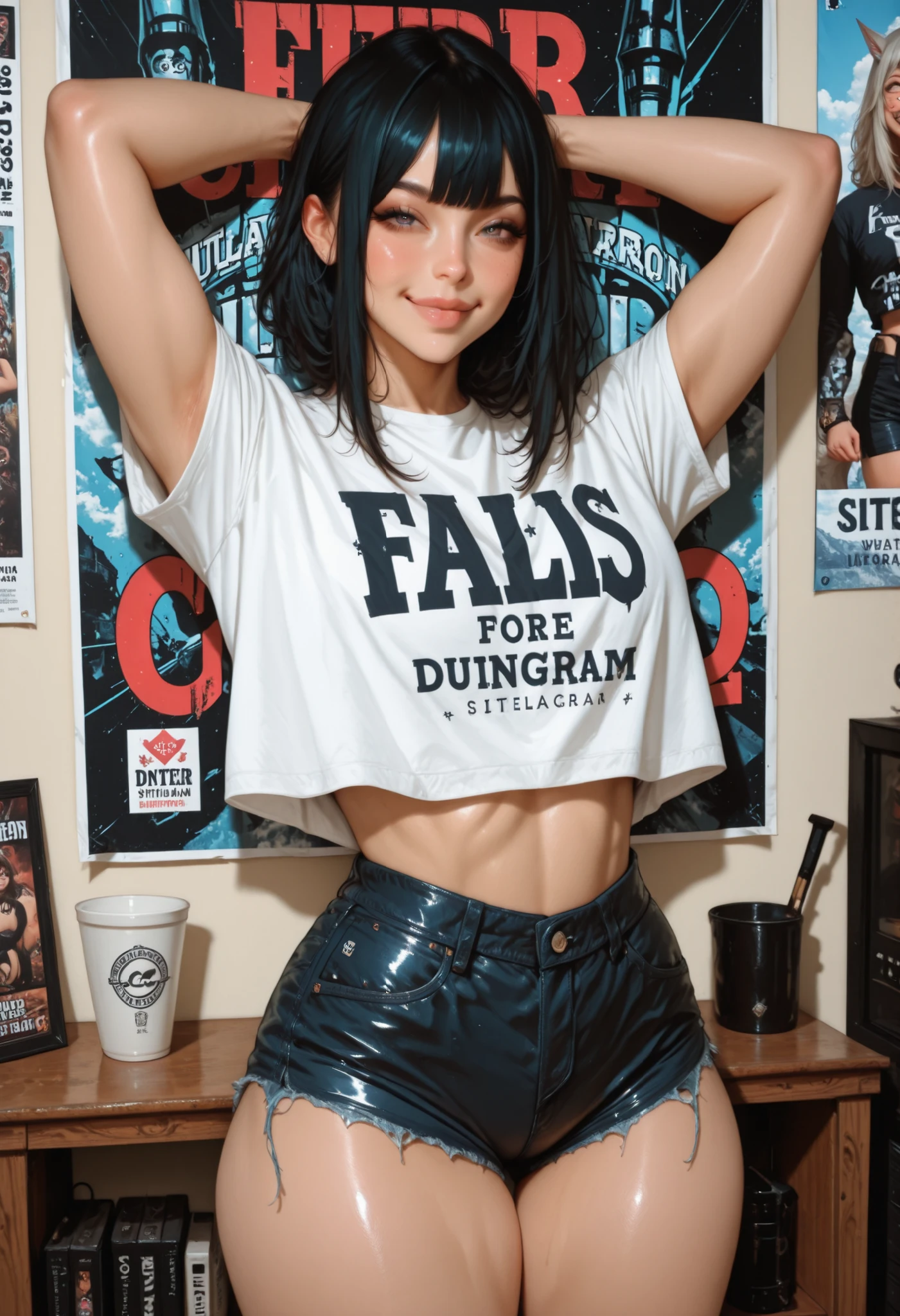 azar,fleshy thighs,Poster advertising style,Instagram ,pose,Ultra Short Shorts,Simetal,C Cup,happy expression