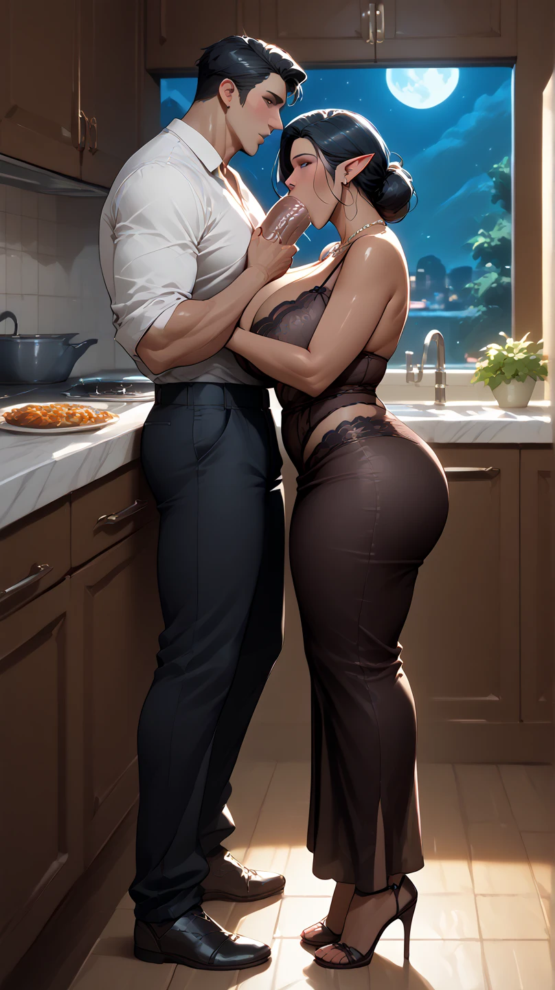 ((multiple thick body mature women age 40 American milf super model))wearing topless and thong panties, outdoor kitchen patio, smiling greeting viewer, ((wearing topless holding butting, hug facing each other side view, covered in dripping cum sfw, breasts on face, 1woman standing 1man sitting)), robe, necklace, earrings, hair in big bun, raining