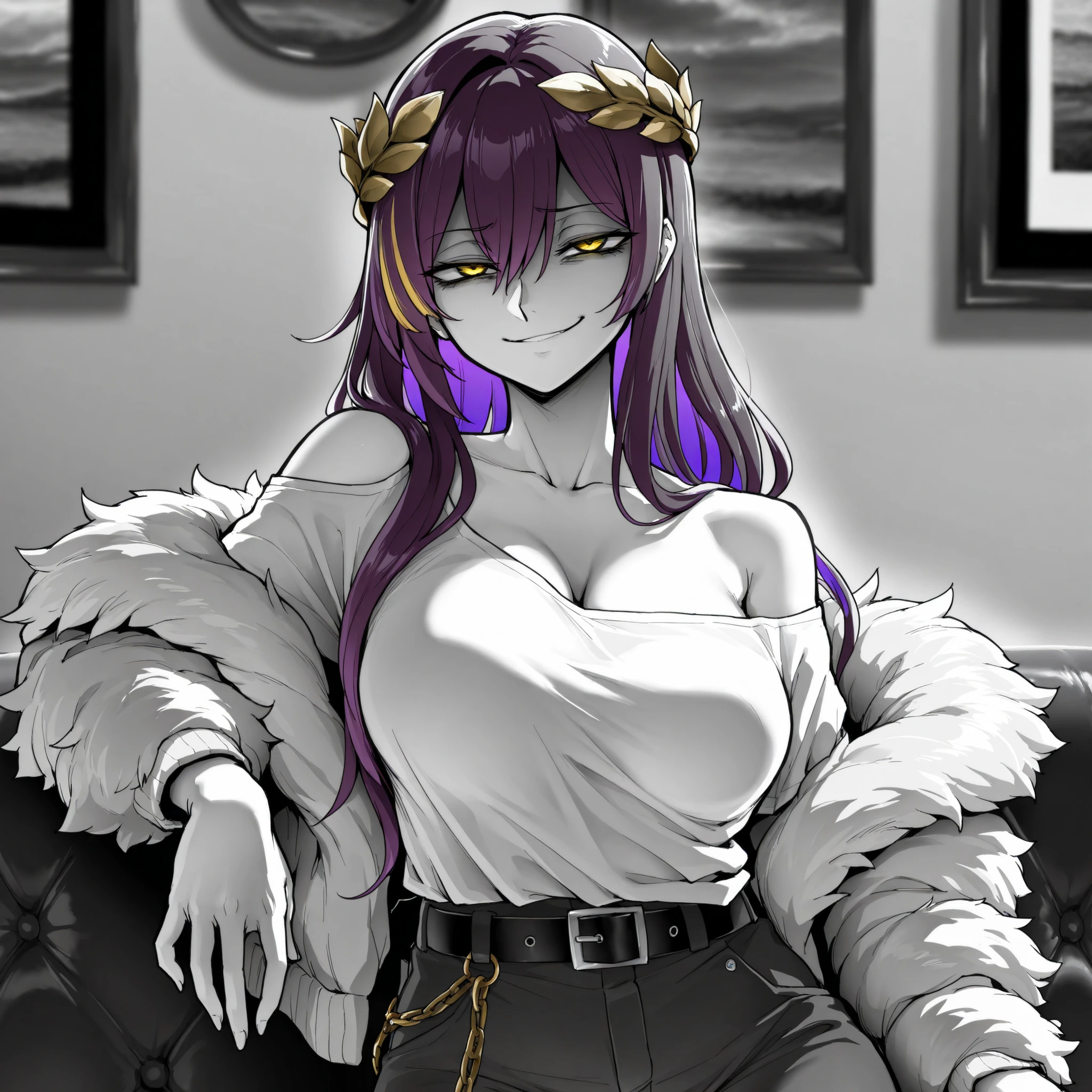 masterpiece, best quality, amazing quality, very aesthetic, high resolution, ultra-detailed, absurdres, (hands:-0.22),
1girl, woman, solo, mature woman, (looking at viewer, portrait, cowboy shot:1.19), LineAniAF, monochrome, greyscale, ebiblue, (coloured eyes, narrow eyes, smug smirk:1.01), (seeledef:0.83),hair between eyes, exposed shoulders, golden eyes, very long hair, loose jacket, fur rim jacket ,multicolored hair, golden hair, purple hair, laurel crown, loose t-shirt, belt, chains, wallpaper, resting on a sofa, photo model, photoshoot,
BREAK, depth of field, volumetric lighting