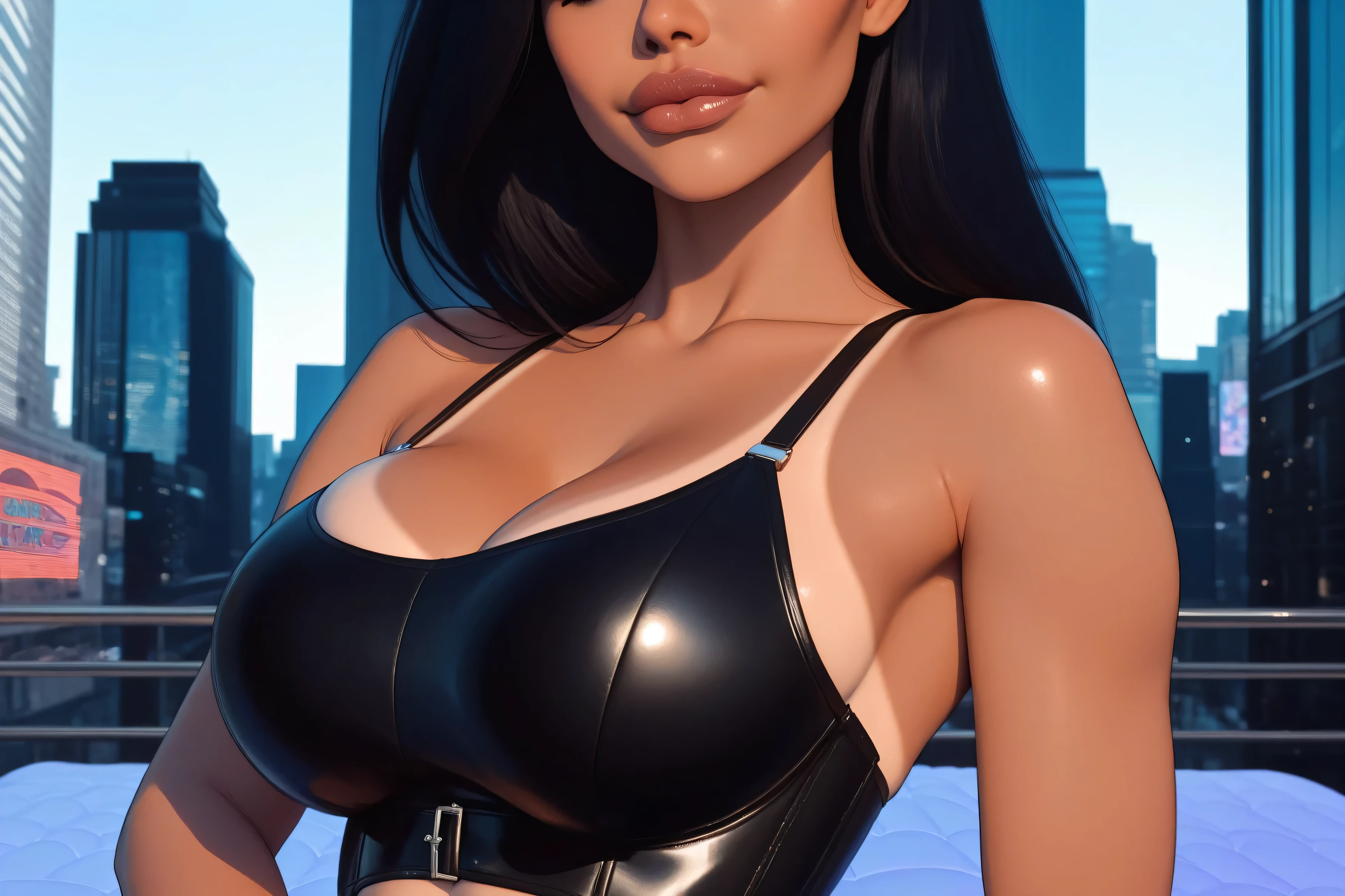 Sexy portrait of (Catwoman), wearing a black leather (Catwoman costume), zipper halfway undone, cleavage, huge fake , perfect body, big ass, curvy, skinny waist, best quality, masterpiece, (seductive), seductive smile, highly detailed face, big juicy lips, highly detailed face, piercing eyes, beautiful eyes