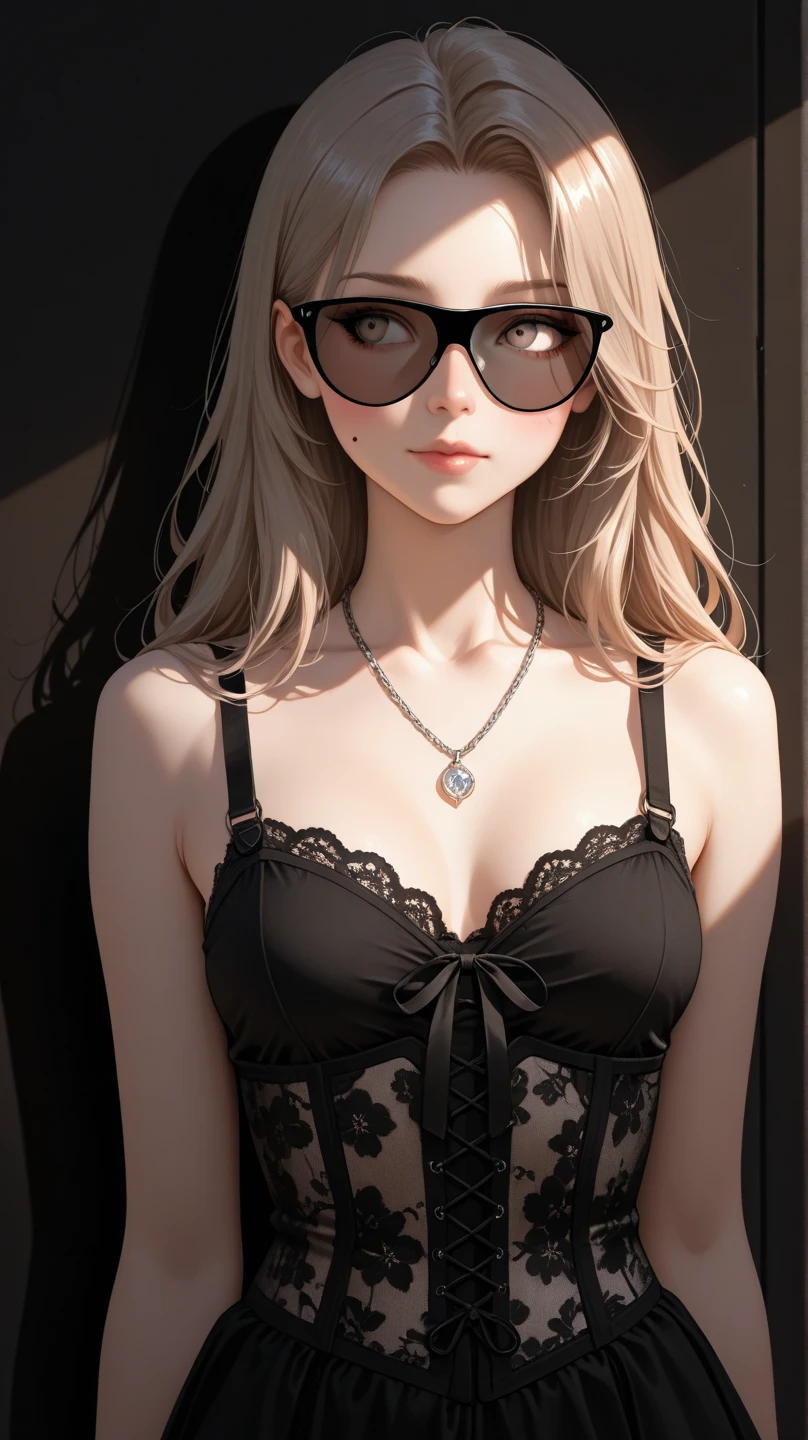 (best quality, ultra-detailed, photorealistic: 1.39), bright and vibrant colors, studio lighting, romantic expression, An effeminate girl, with a delicate and beautiful face. Beautiful and adult woman with her straight loose blonder hair matches the gothic makeup, her dark red eyes and mischievous smile, with her large seductive breasts, cleavage, dark style, strap, beautiful black jacket, strapless tank top, pleated schoolgirl skirt, dark makeup. She have a horny face, like a manwha character, chain details, in the park at night, the lake, black boots, seductive cleavage, manga style, anime features manga style, fully body , she is in love, like a manwha character style