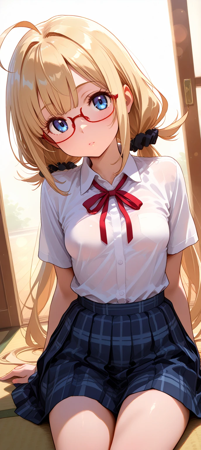 (High quality, High resolution, Fine details), (University Campus), Wearing glasses, Ruffled blouse, Miniskirt, solo, curvy women, blond hair, (Tied hair:1.2), sparkling eyes, (Teary eyes), (Detailed eyes:1.2), Open mouth, Nervous, blush, Oily skin, shallow depth of field