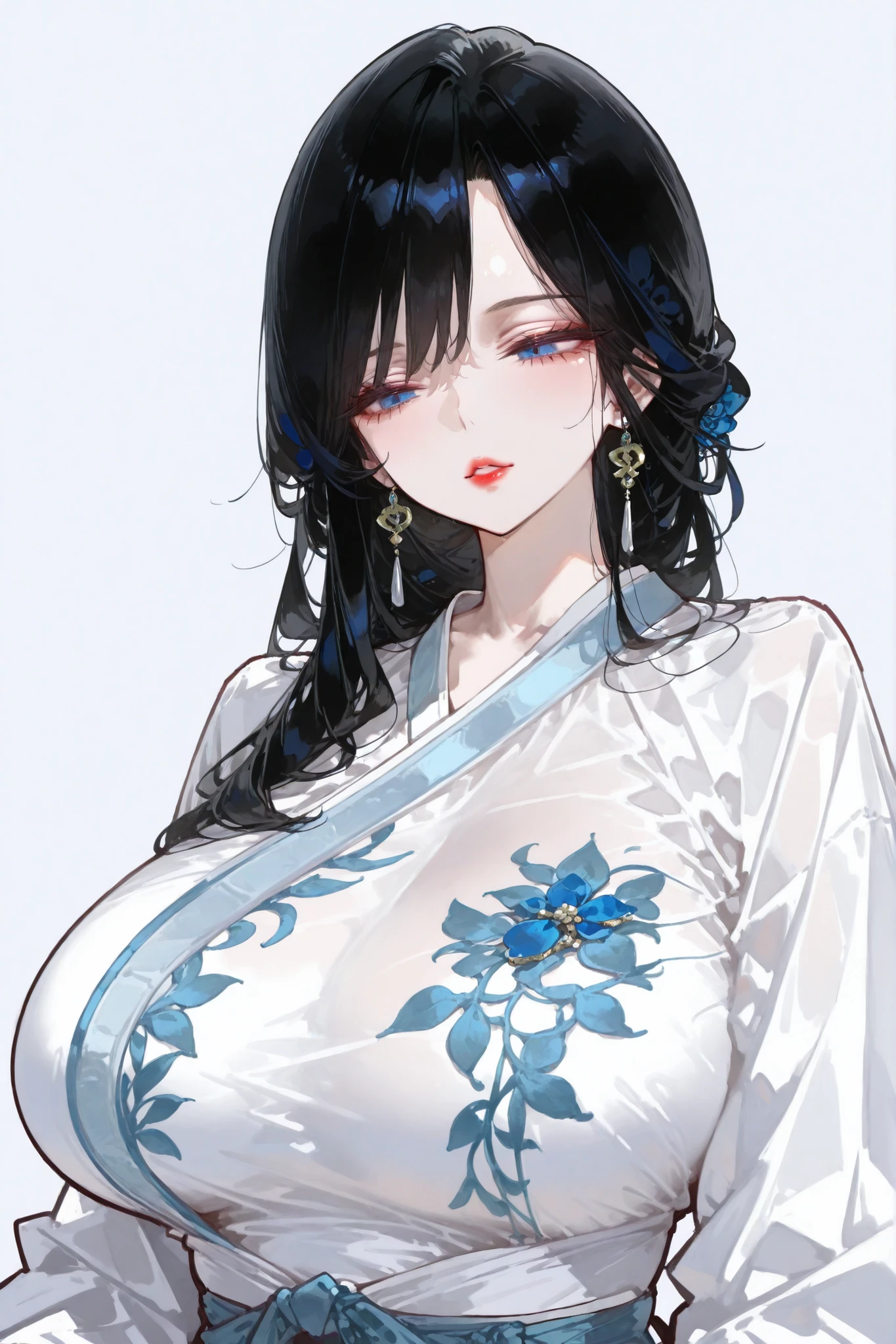 Mature women,Beautiful , Charming goddess , Black long hair , Big breast , Red lips , White Blue Hanfu , Beautiful blue eyes,Extremely detailed,high resolution,Simple background