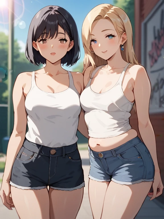 Anime, anime girl, 2d, 18y, 18 years, (((Fullbody))), Very Kawaii, smile, lip lips, seductive smile, Solo, Slim, Large Breasts, Plain White T-shirt, Tight Shorts, upshorts, Dynamic Angle, No Background, White Background, looking at viewer, darker shadows, (((absurdres))), (((thigh gap))), (((cameltoe))), (((sleeveless))),