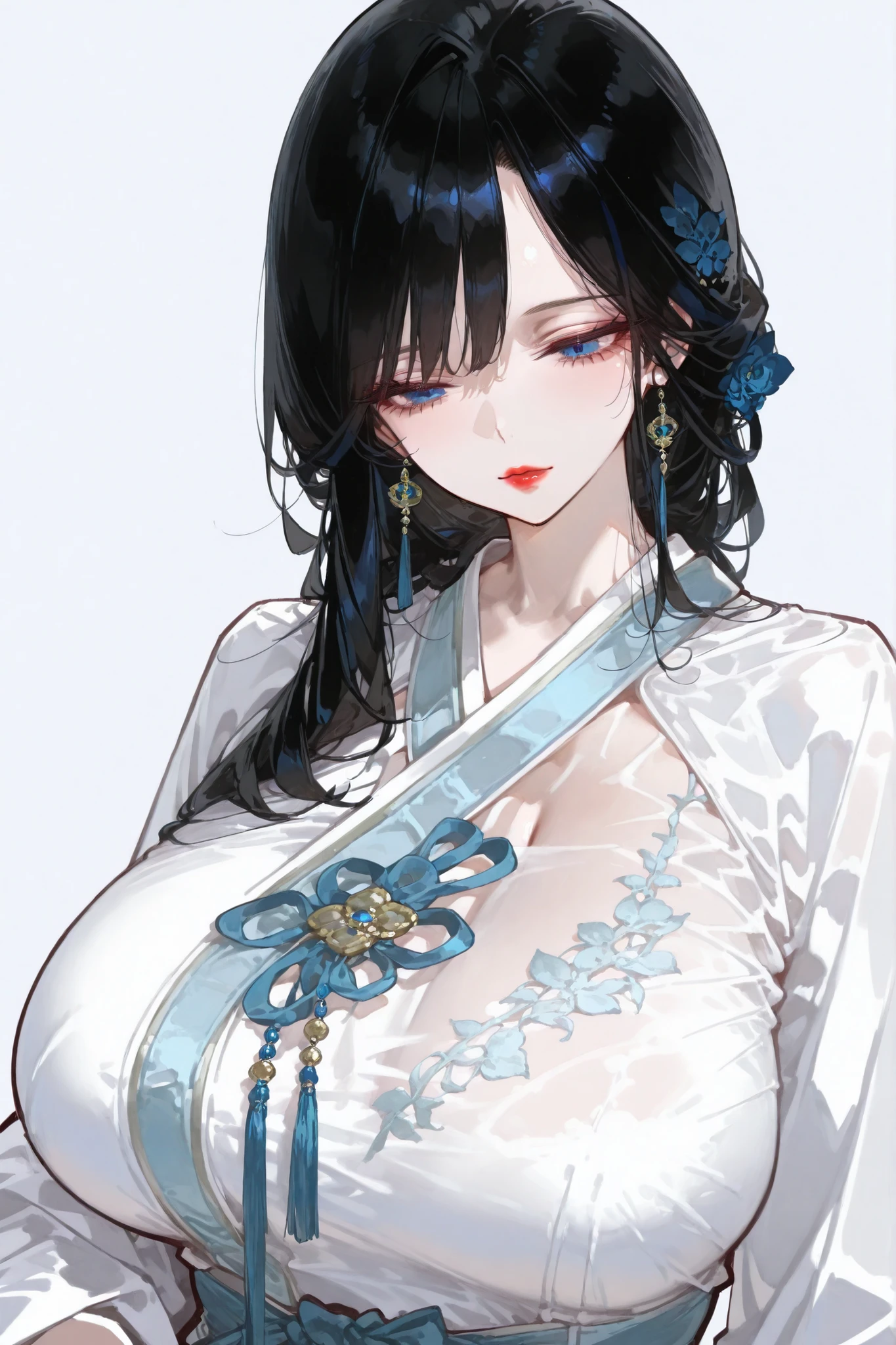 Mature women，Beautiful , Charming goddess , Black long hair , Big breast , Red lips , White Blue Hanfu , Beautiful blue eyes，Extremely detailed，high resolution，Simple background