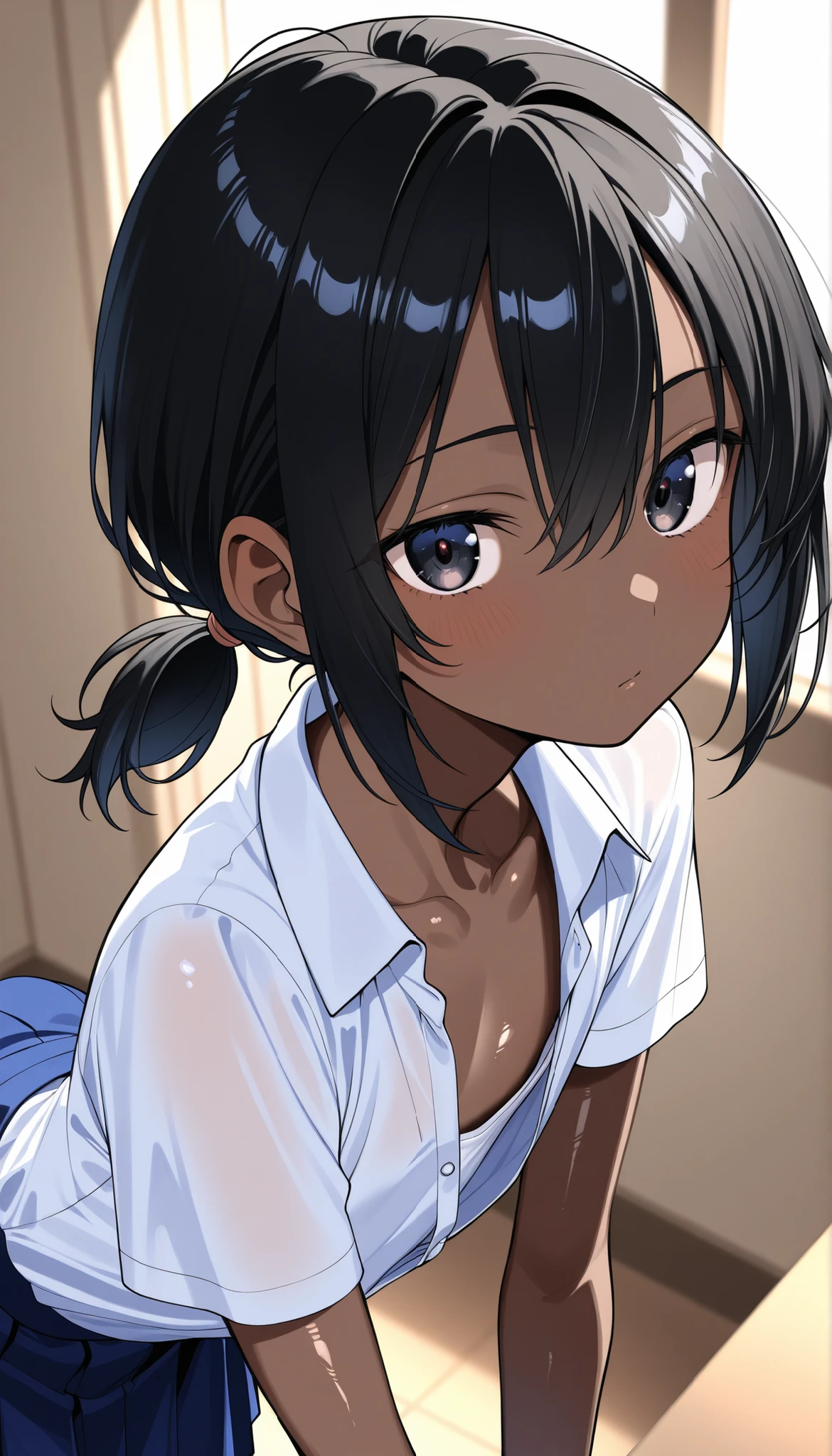 (beautiful girl:1.5)、(ultra flat chest:1.1)、(ultra small chest:1.1)、(nipple visible through gaps in clothes:0.8)、(体型がskinny:1.1)、(black hair,low short ponytail:1.1)、(ultra shiny skin:1.1)、(dark skin:1.3)、(upper body:1.1)、(bent over:1.3)、(from above:1.3)、(from side:1.3)、(Middle School Uniforms:1.1)