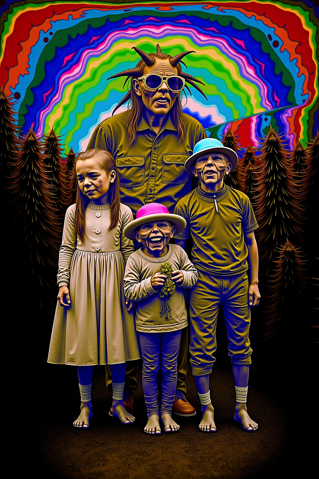 (best quality,4k,8k,highres,masterpiece:1.2), photorealistic,photo-realistic:1.37),highly detailed old photograph of a family of misshapen people standing in front of their marijuana plants on their farm. Super saturated colors. LSD, Psilocybin, DMT, kind of visuals. Very hallucinogenic. Ultra-realistic, photo-realistic, ultra-detailed, insane 3D realism, cinematic photography, cinematic lighting, cinematic portrait, portrait photography, cinematography, full focus, UHDR, hyperrealistic, visual, startling, stunning images, awe-inspiringly, surrealism, etheral, highest quality, masterpiece.