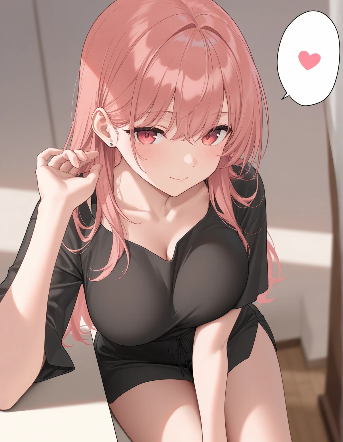 Amazing portrait of a sexy woman with sultry "fuck-me", bedroom eyes and parted pink lips blushing hard with an hourglass and thin body wearing a black tank top that exposes her bare shoulders, the cleavage of her and a bit of her midriff and a black short shorts highlighting her voluptuous and curvy body lying down on the bed in anticipation of a kiss