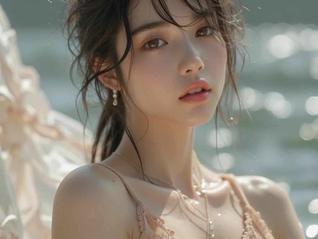 "(((best quality))), (((ultra detailed))), (((masterpiece))), illustration,((1 beautiful young girl,solo)),((slim,thin)),(strapless vibrant floral bra:1.3),((small breasts,flat chest)),(short ponytail:1.2),((shiny skin,sweat,wet)),seaside, summer, joyful, playful, physical features, smooth fair skin, gentle sea breeze, endless azure sky, picturesque backdrop, whiteness of sand, deep blues of the sea, waves crashing, internal turmoil, transformation, standing on the cusp of womanhood, confidence, sexuality, metaphorical plunge, next chapter of life,significance of the moment, beauty of the seaside, celebration of youth, excitement of summer ahead,((from front,close-up of face))