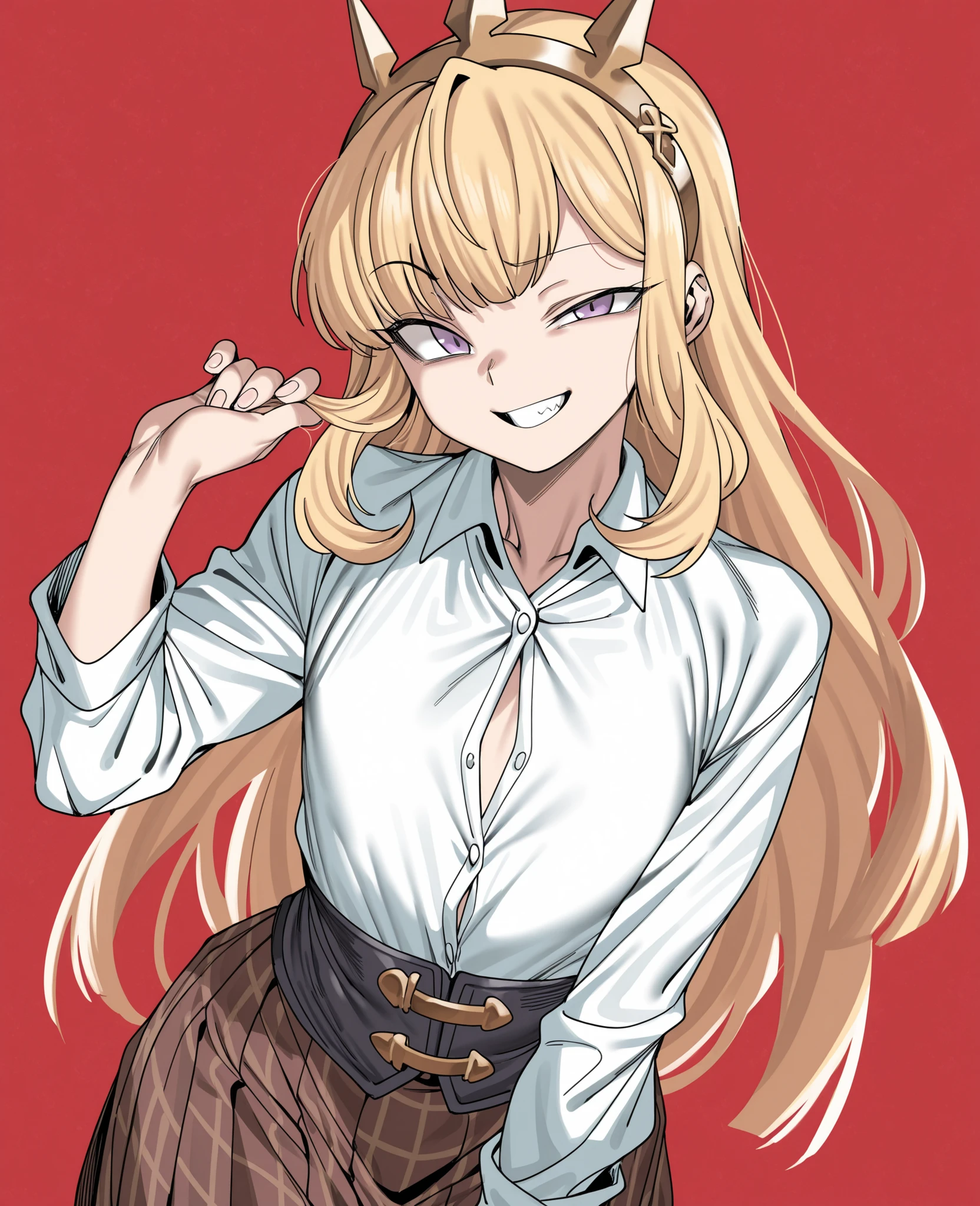 by urec, 1girl, solo, cagliostro (granblue fantasy), blonde hair, purple eyes, gold hairband, spiked hairband, petite, flat chest, white dress shirt, button gap, black corset, brown skirt, pleated skirt, checkered skirt, long skirt, playing with own hair, hand up, looking at viewer, raised inner eyebrow, smile, grin, evil grin, uneven eyes, crazy grin, red background, masterpiece, best quality, amazing quality