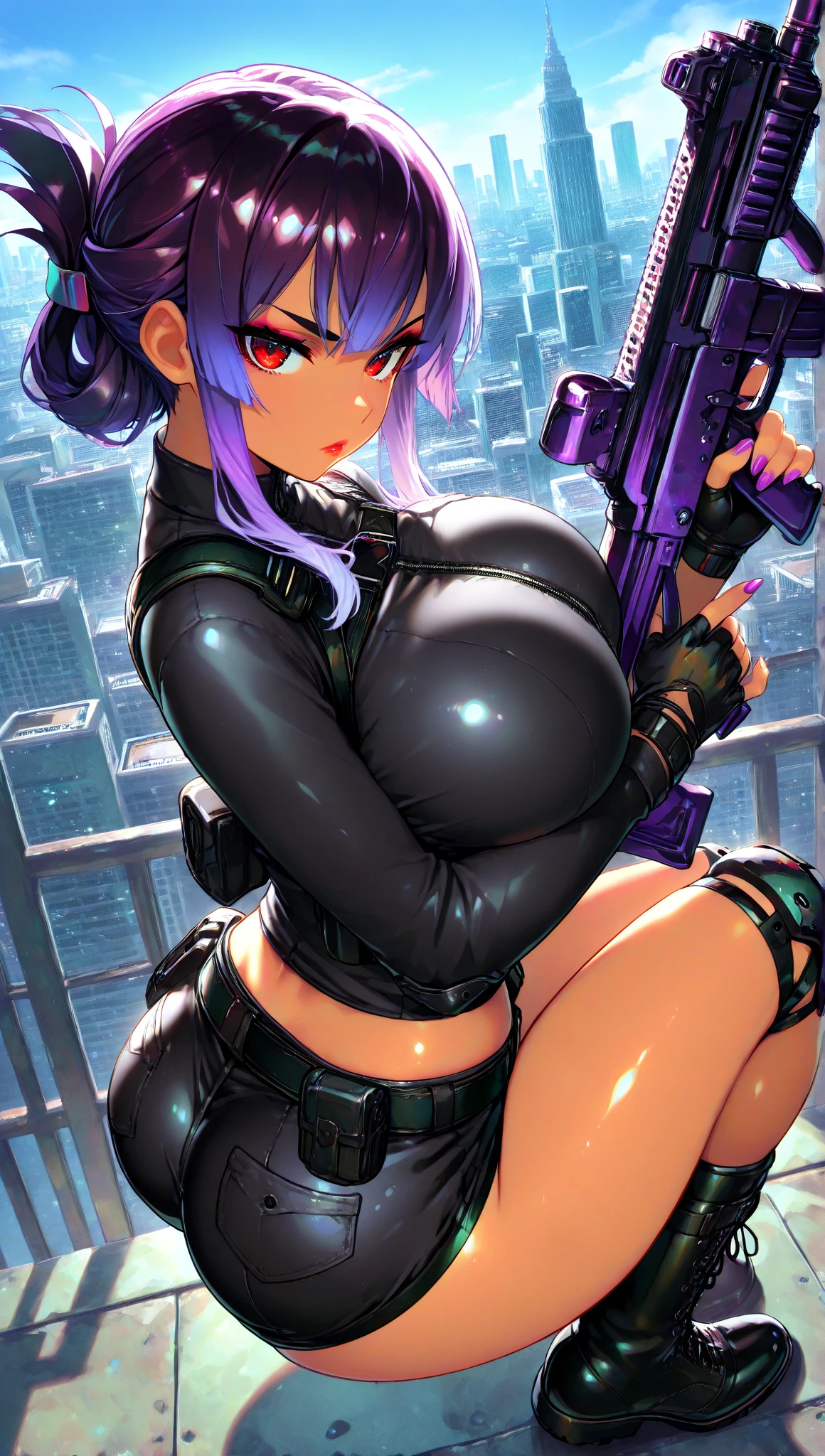 (Very detailed,Highest quality,4K,8K,High resolution,masterpiece:1.2),(Perfect hands,Perfect Legs),(Realistic,photoRealistic,photo-Realistic:1.37),One Woman,Nagant,Calm expression,Beautiful Face,(((Purple Red Medium Hair:1.3))),
((Black sleeveless wetsuit top)),((Black long skirt)),(((Both legs below the knees are silver prosthetics:1.5))),
Beautifully detailed sweat glands,Smooth skin texture,Carefully drawn,(Big Breasts),Sticky with sweat,Hold a long sniper rifle,In a sexy pose,
My Hero Academia,Outdoor,rooftop,night,