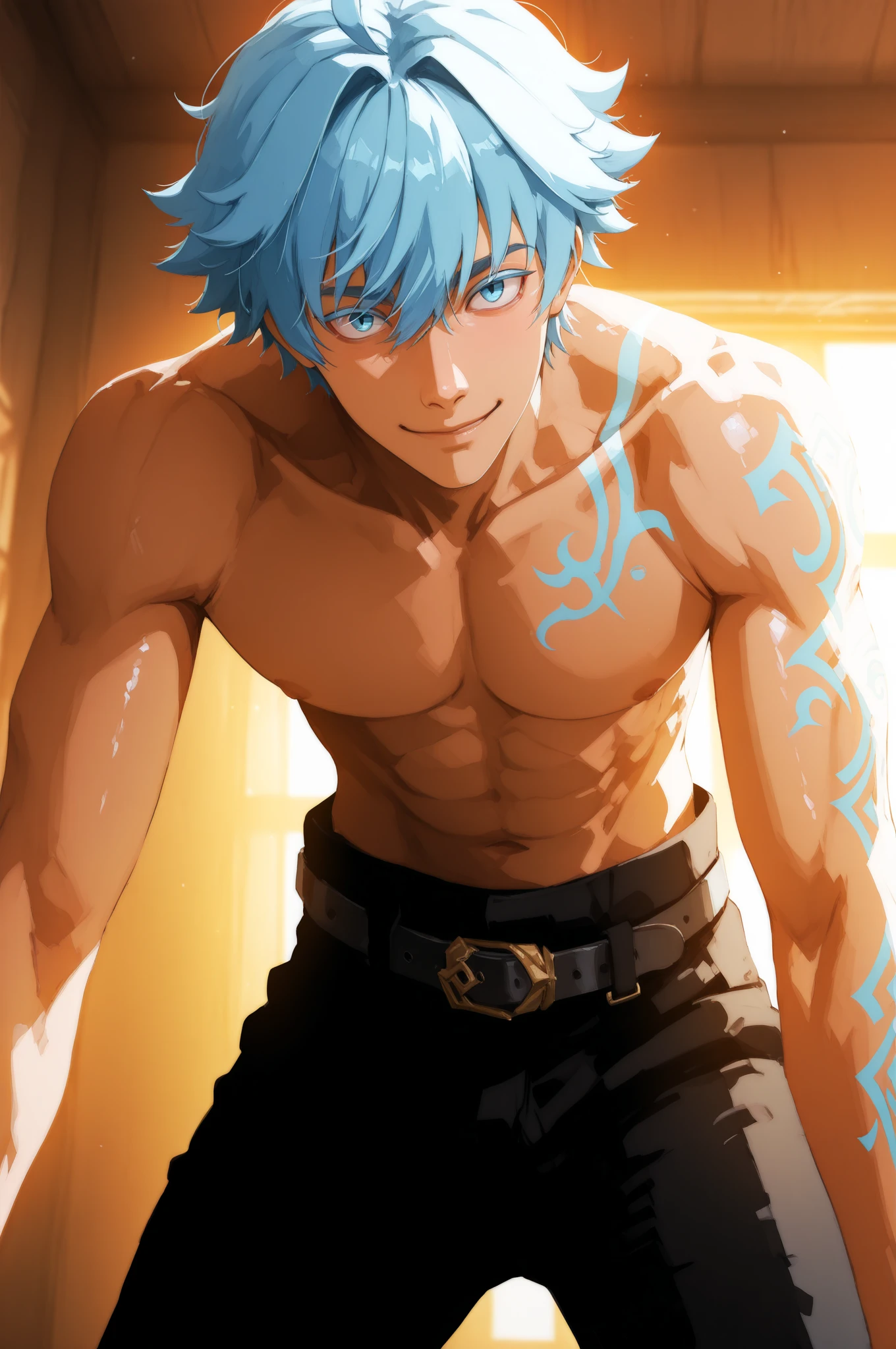 Muscular 2D anime illustration erotic, Dark skin, Sexy man posing naked and working out his muscles while looking at the camera，ghost，Horns growing