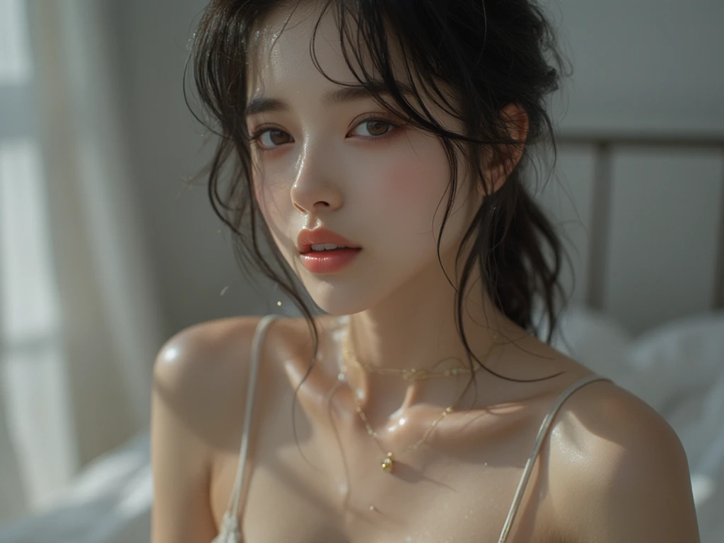 ((best quality)), ((masterpiece:1.3)), (detailed), (Photorealsitic:1.4), (golden ratio face) , (named YUNA_LEE), ((Double Eyelids)), (korean), (Slender girl), 1 girl, korean, kpop, 21 years old, long black straight hair, (symmetrical) (hazel) eyes, pale detailed skin with pores, skinny and athletic boddy, 38B bra size, Slender Abs: 1.2, Narrow waist, Masterpiece, Top Quality, 8k, UHD. (BREAK). Looking at the viewer, close portrait, Bokeh, barechested, (((Naked))) (((flour-covered skin))) ((stained with flour)). delicious freshly baked goods.