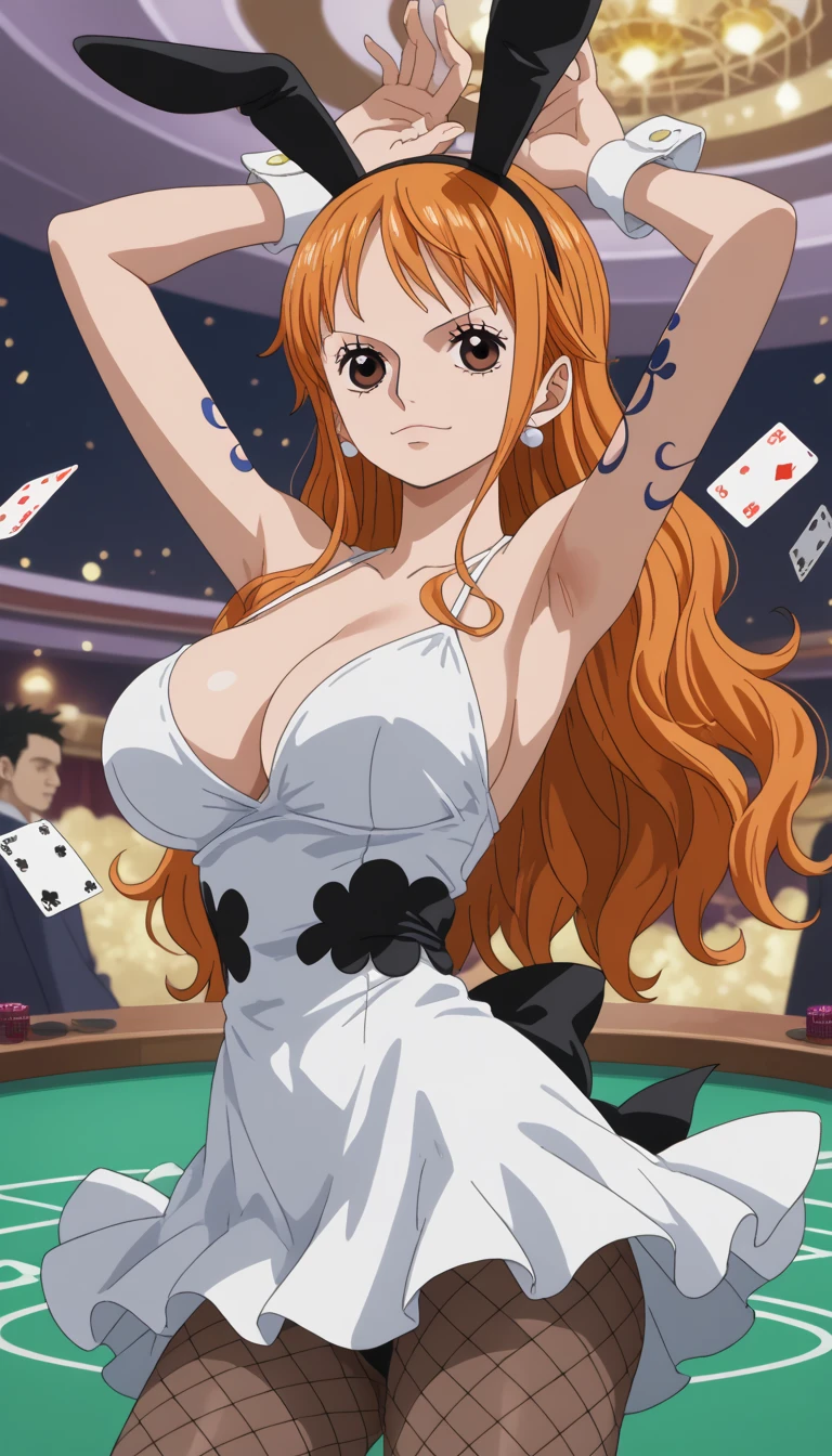 score_9, score_8_highly, score_7_highly, source_Anime-Series, best quality, clear face, nami, Red hair, Long hair, orange eyes, big boobs, perfect body, naked, Stand, Viewers look at, smile, Decollete, dynamic angle, tight dress, red clothes, Shanks, beautiful room, illumination, Casino, nsfw.