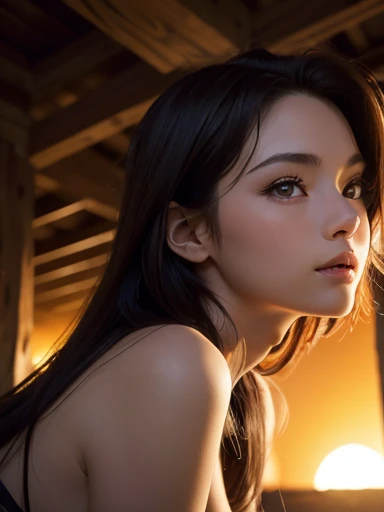 a chic, Alone, Also_Inuyasha, black hair, long hair, side ponytail, big brown eyes, (Looking like a pre-girl), ((flat breasts)), slender arms and legs, proportional to her age , small height, ( young lady :1.5), beautiful, naive, skinny , ( Show breasts, G-stAlsog , concha, ), detailed eyes, Detailed face, flirt, (sexy posture:1.2), standing in a dark dungeon , low light, at sunset, poca profundidad de campo, Leaning to one side, (low angle, photographed from below:1.3)
INFO