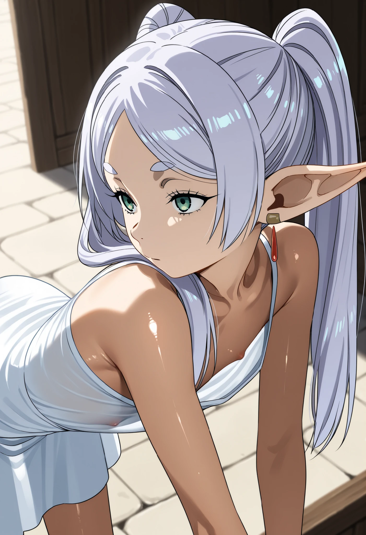 (Frieren(Frieren: Beyond Journey’s End):1.5)、(ultra flat chest:1.1)、(ultra small chest:1.1)、(nipple visible through gaps in clothes:1.1)、(体型がskinny:1.1)、(ultra shiny skin:1.1)、(dark skin:1.3)、(upper body:1.1)、(bent over:1.3)、(from above:1.3)、(from side:1.3)