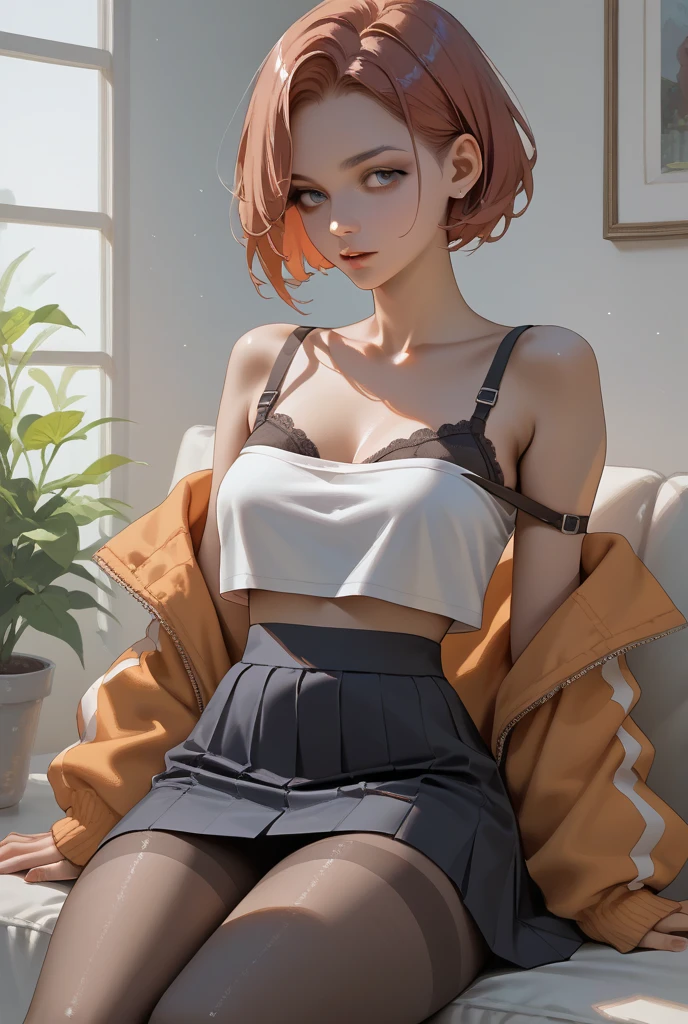 (Best Quality Detail:1.2)、realisitic、8K High Resolution、The ultra-detailliert、High quality textures、intricate detailes、Very detailed CG、High quality shadows、Detail Beautiful delicate face、(Detail Beautiful delicate eyes:1.32)、depth of fields、Ray traching、(Beautiful 12 year old cute Japan woman:1)、tiny chest、tall_Female、Beautiful_Legs、 gloweyes、red blush、skiny、 Blurry outdoor background、 Blue Tight Fit Bra Open Coat:1.1, [brown_Skirt]:1, bob cut  hair, Cozy living room, sunlights, kneeling on sofa, modeled, look at viewr, dynamicposes, looking at viewert, From Side, dynamicposes, facing front