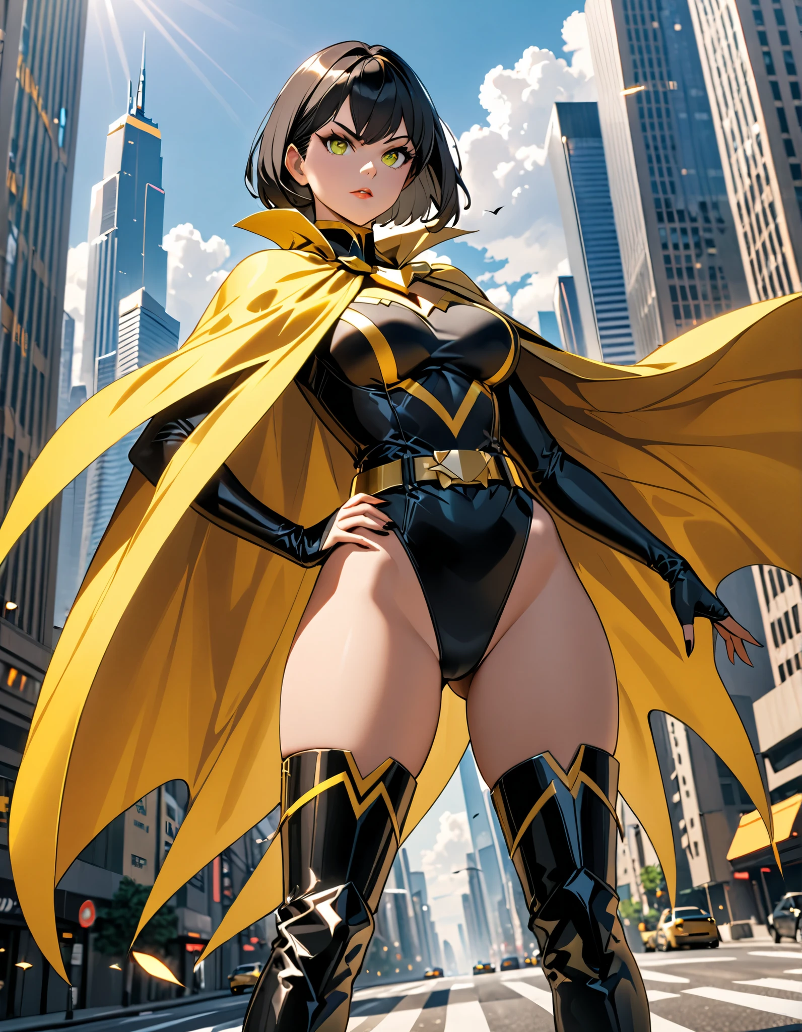 (best quality, masterpiece), 1girl, solo, glitter, leotard, bare legs, particle, superhero, boots, gloves, clenched fists, standing, hands on hip, smile, city backdrop, beautiful detailed eyes, Sakurajima Mai, blue eyes