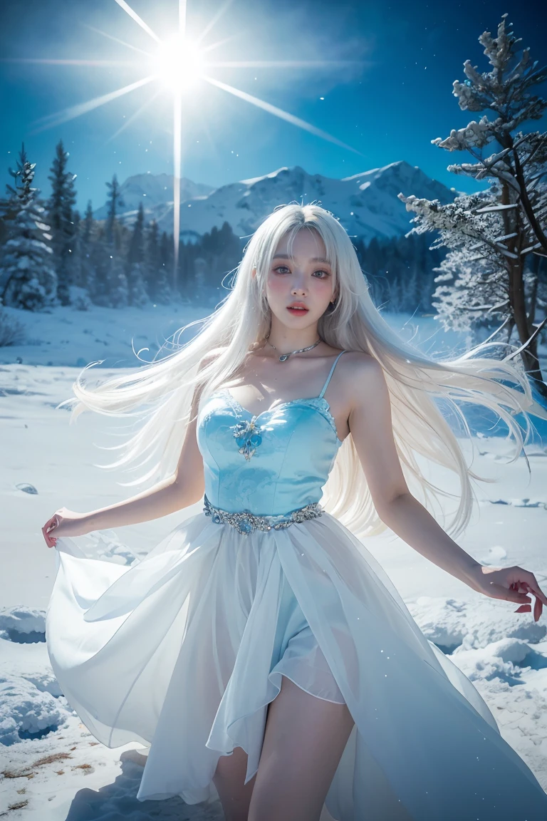 best quality, masterpiece, White hair,detailed, blue eyes, windy, floating hair, snowy, (full body:1.1),(wide shot:1.1), detailed face, winter, trees, sunshine, (one-piece dress), chiffon, foot focus