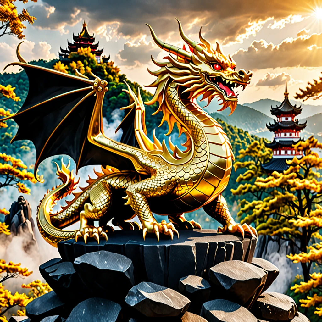 Realistic and spectacular golden Japanese wingless dragon with glowing eyes。The body is long like a snake.。She strikes a powerful pose against the backdrop of a dramatic stormy sky, rising from a torii gate lit by the golden rays of the set… Stretch Download