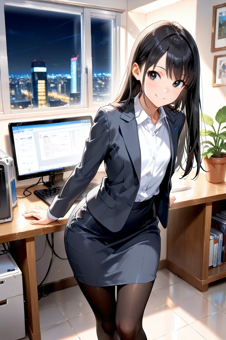 ((highest quality)), ((masterpiece)), (Get used to it), Perfect Face, Japan dark-haired person、28-year-old female,Bust isfcup,Dress code:suit,Roll up your tight mini skirt,called,look back,big,Stick out your bare buttocks,Laugh shyly,Location:Day Office,One Woman